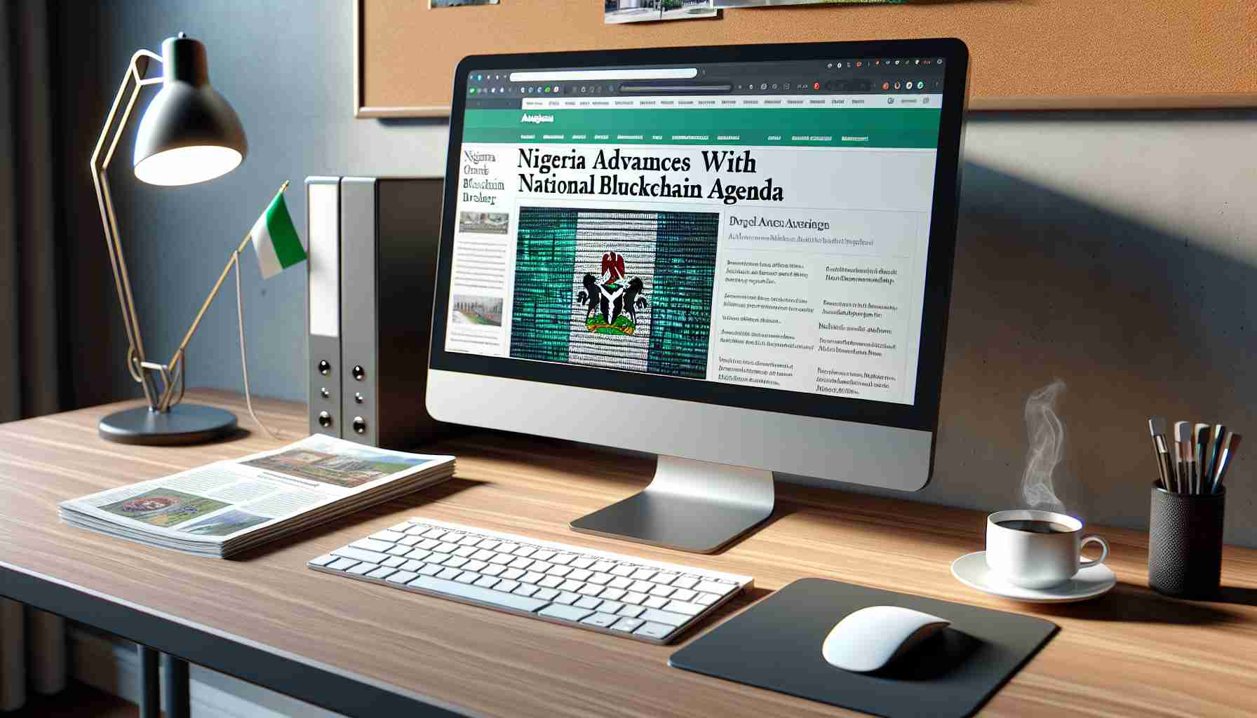 A hyper-realistic image capturing a computer screen displaying a news headline that says 'Nigeria Advances with National Blockchain Agenda.' The screen is within a modern workspace, complete with a keyboard, mouse, and a cup of coffee on a wood desk. Depict subtle elements of Nigeria subtly throughout the scene, such as a flag, traditional artwork or patterns, and photographs of popular landmarks.