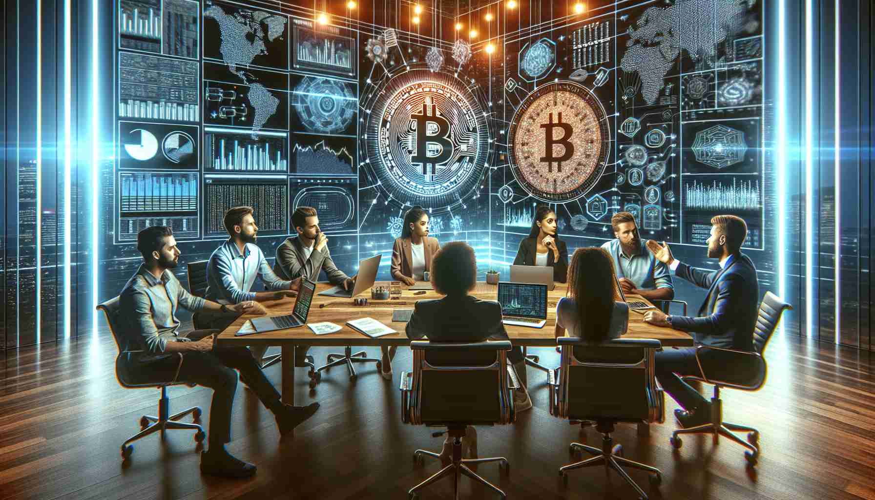 Generate a hyperrealistic high-definition image that visualizes 'Challenging Times Prompt Innovation Among Bitcoin Miners'. Show a scene with a brainstorming session between a group of diverse individuals of different descents like Caucasian, Hispanic, Black, and Middle Eastern. They are sitting around a table filled with computers and digital screens displaying data and cryptographical algorithms. Emphasize the atmosphere of innovation, progression, and determination in the face of adversity. Consider the elements of the bitcoin industry, like the iconic Bitcoin logo, block chain graphics, and energy-efficient mining gear.