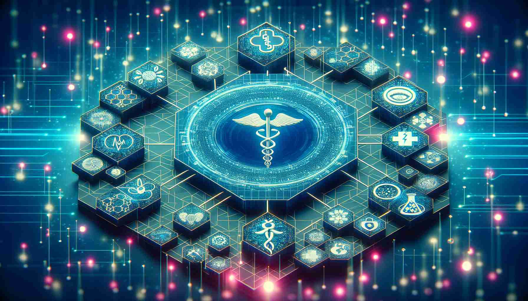 An HD quality image visualizing the concept of revolutionizing healthcare through the emergence of blockchain technology. Imagine a physical representation of the blockchain, which could look like interconnected blocks or nodes, symbolizing healthcare data. Among these nodes, include depictions of medical symbols such as the Caduceus or Asclepius symbol, symbolizing the healthcare industry. Visualize innovative aspects of blockchain technology, like enhanced security and decentralization. This whole setup should be in a vibrant and futuristic digital environment to reflect the advanced nature and potential of blockchain technology in healthcare.