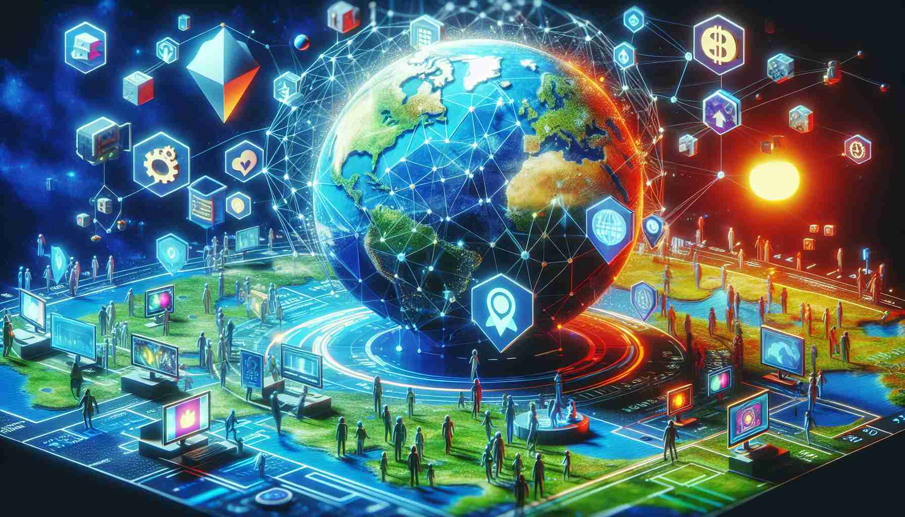 A high-definition, realistic portrayal of the emerging world of Web3 gaming. Depict it as a new paradigm, incorporating aspects of blockchain technology, NFTs, interactive online gaming world graphics with vibrant colors. Have users across the world, symbolized by globes in the foreground and backend, interacting through stylized digital interfaces and avatars. Incorporate some visual elements that represent the change in paradigm such as a shift from two-dimensional gaming to vividly-rendered three-dimensional gaming.