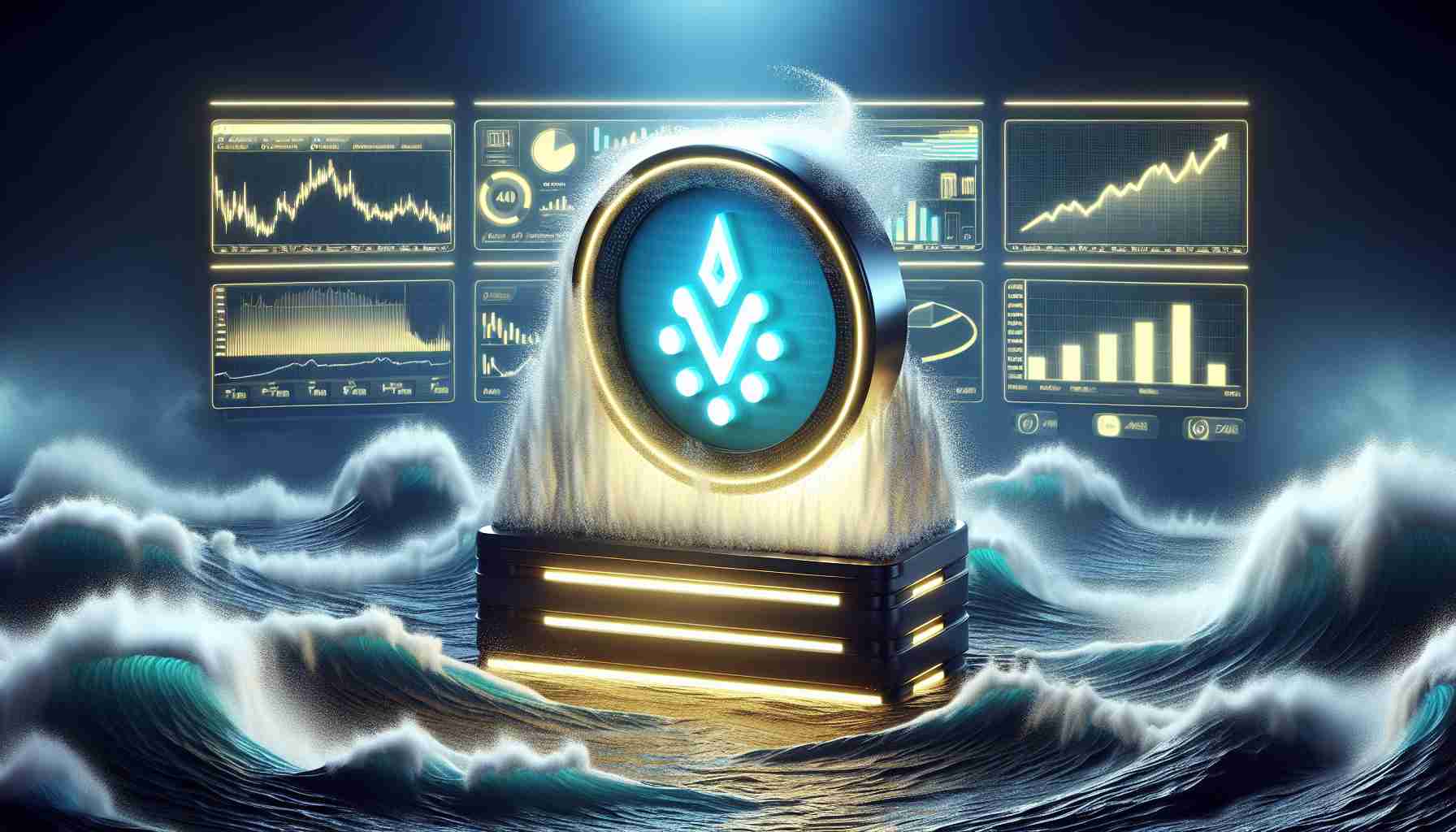 An elaborate and realistic HD visualization of the concept 'Cardano Exhibits Brighter Prospects Amid Volatile Market Conditions'. Here, 'Cardano' can be represented by its symbol 'ADA' on a stylish, digital ticker. This ticker is surrounded by tempestuous waves, symbolizing the 'volatile market conditions'. Despite this storm, the Cardano symbol is bright, glowing, and steadily rising to signify its 'brighter prospects'. Additionally, you can show charts and graphs on computer screens in the background, presenting the Market's overall conditions.