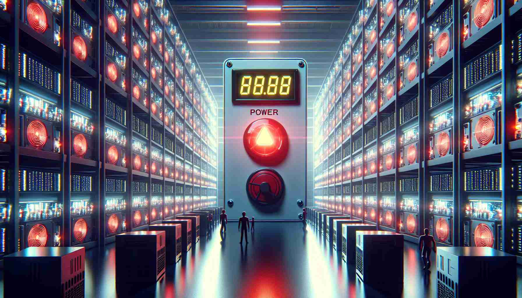 Create a realistic HD image of a large, high-tech crypto mining facility with rows of computers and servers in Paraguay. There are evident signs of high power usage – lights are intensely glowing indicating the machines are working at full capacity. Display a big alarm at the center, symbolizing a surge in power prices, blinking with red lights and a digital display showing rapidly increasing numbers.