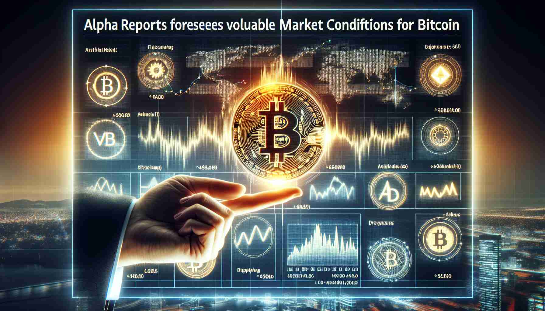 Generate a realistic high-definition photo illustrating the theme of an insightful analysis predicting volatile market conditions for Bitcoin. This can include elements such as fluctuating graphs, financial charts, cryptocurrency symbols, and the words 'Alpha Reports Foresees Volatile Market Conditions for Bitcoin' written on the photo.