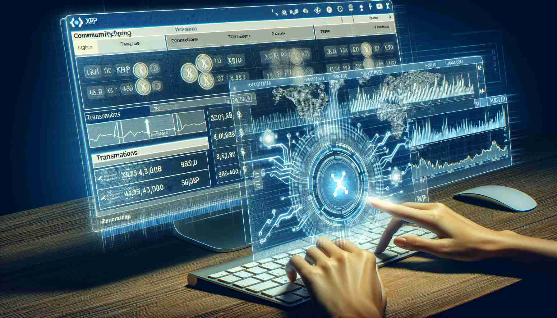 Generate a high-definition, realistic image showing a significant transfer of XRP digital currency as indicated by community trackers. The image should depict a digital tracking interface with numerous transaction details and charts, demonstrating substantial activity.