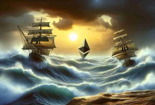 High-definition realistic photograph depicting the metaphorical representation of the cryptocurrency markets, namely Bitcoin and Ethereum, facing volatile challenges during a quarter. The scene depicts a rough, tumultuous sea with two ships symbolizing Bitcoin and Ethereum navigating through a storm, alluding to the market volatility. The ships are marked with an abstract logo resembling the known logos of Bitcoin and Ethereum respectively.