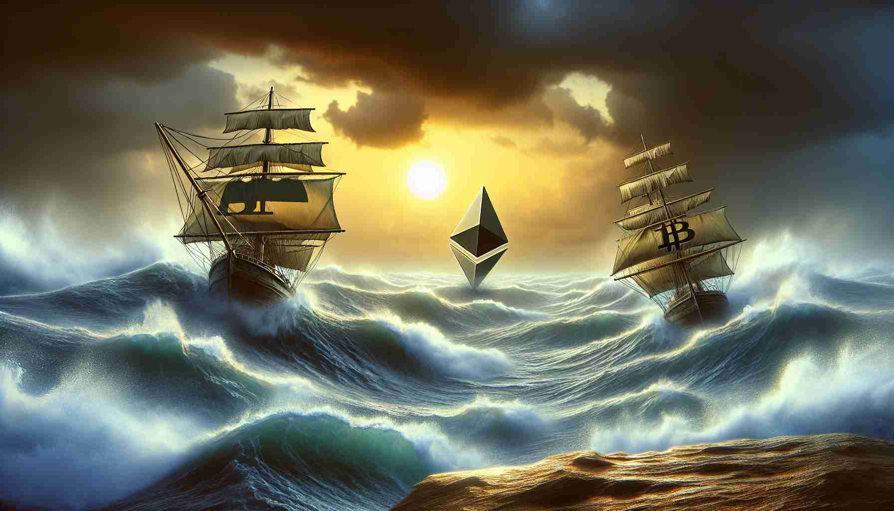 High-definition realistic photograph depicting the metaphorical representation of the cryptocurrency markets, namely Bitcoin and Ethereum, facing volatile challenges during a quarter. The scene depicts a rough, tumultuous sea with two ships symbolizing Bitcoin and Ethereum navigating through a storm, alluding to the market volatility. The ships are marked with an abstract logo resembling the known logos of Bitcoin and Ethereum respectively.