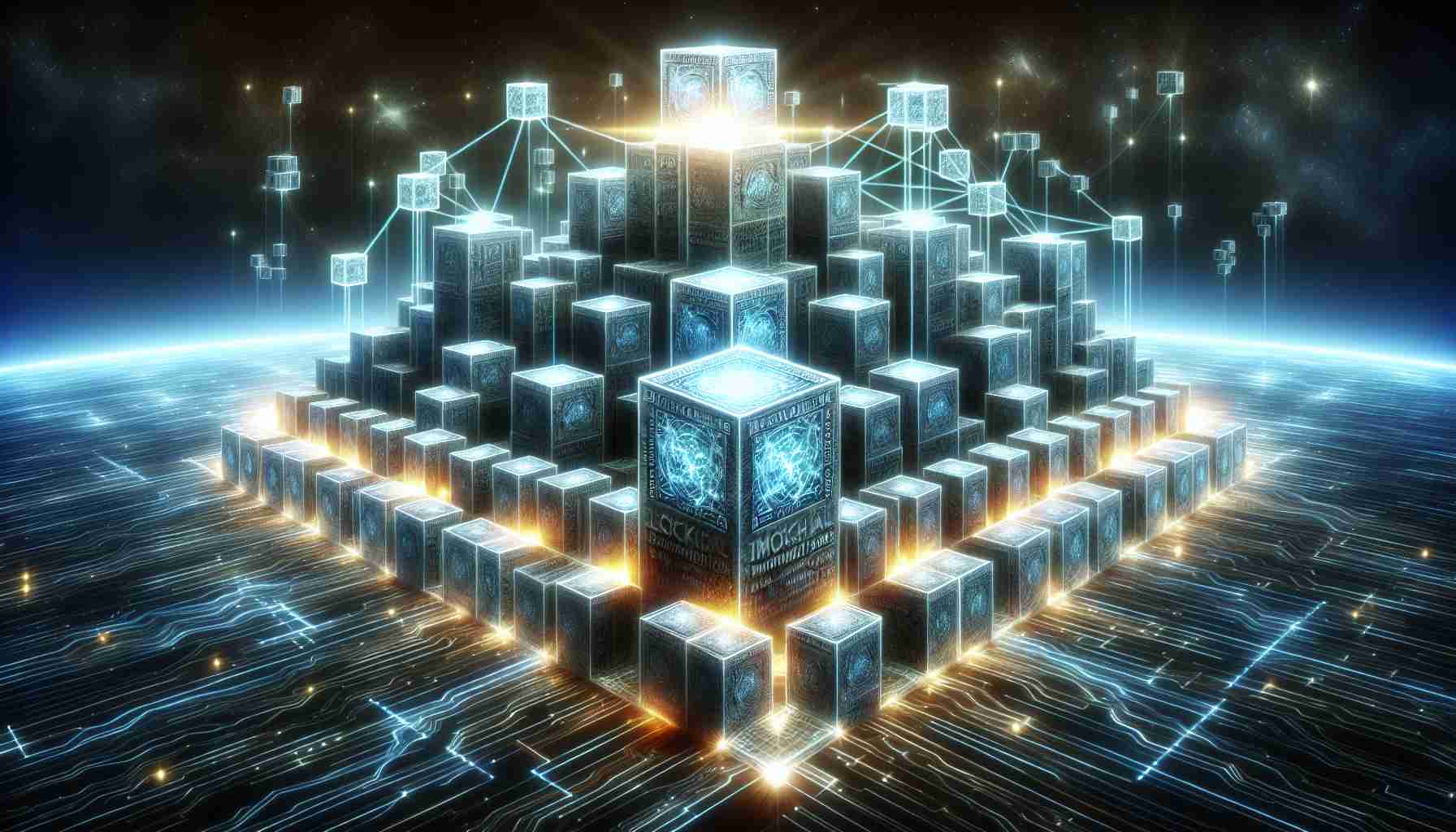 An ultra-high-definition visual representation demonstrating the concept of an Immortal Blockchain Storage's emergence. The picture should illustrate the blockchain concept with interlinked blocks of information that are undying, representing permanence and immortality. The whole scenario must depict the concept of blockchain technology's emergence, portraying a progressive evolution. The scene might include the images of 3D blocks, networks, glowing lines to symbolize data and cryptography, shining brightly, suggesting the constant and unending nature of the storage system.