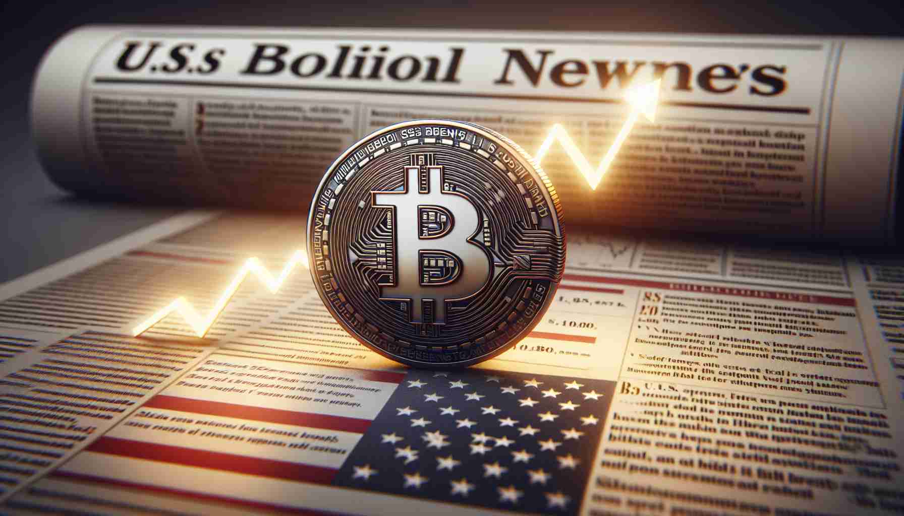Realistic high-definition image of a symbolic representation of Bitcoin experiencing a sudden increase after a brief dip, all of which is displayed on a digital stock market chart. This is set against a background of a generic newspaper filled with vague wordings stating major news happening in the U.S. without highlighting any specific political figure.