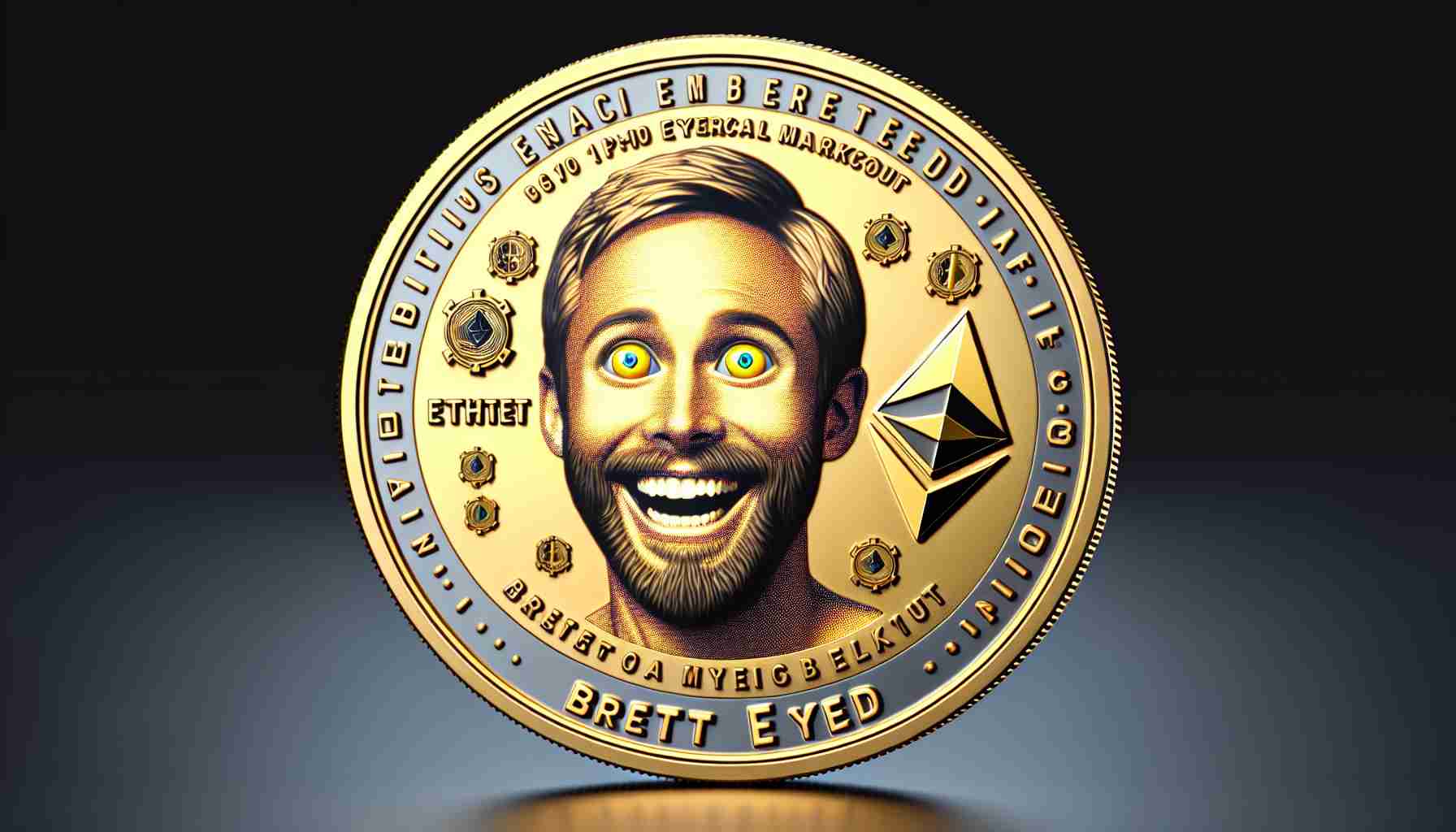 Realistically rendered high definition image of an Ethereum-based memecoin with the name 'Brett Eyed', depicted in a way that signifies a potential financial market breakout. The coin could feature designs or symbols related to Ethereum and the energy of a breakout. Please avoid representations of real figures.