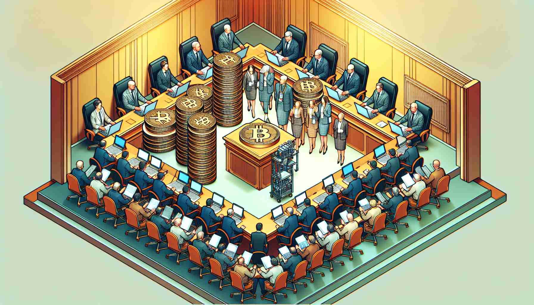 A high-resolution picture capturing the essence of the event where the town council of a small town is engaged in extensive analysis and debate regarding local regulations on cryptocurrency mining.