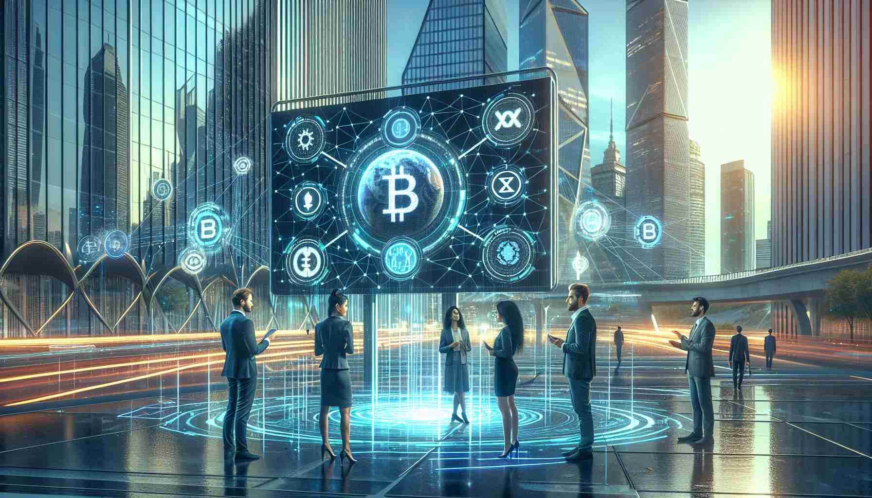 Generate a realistic HD photo that represents the concept of 'Decentralizing the Future: Embracing New Paradigms in Crypto Regulation'. Imagine a futuristic cityscape, with networks of blockchain links suspended in the sky above sleek modern buildings. On a public billboard, throw in the words 'Decentralizing the Future: Embracing New Paradigms in Crypto Regulation'. In the foreground, include a diverse group of people: a Middle-Eastern woman and a Caucasian man, both in business attire, engaged in a conversation with a holographic chart presenting market trends in cryptocurrencies between them.