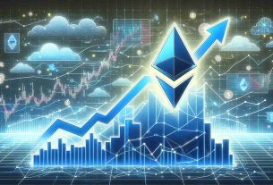 Create a detailed and high-definition visual representation of Ethereum Layer 2 networks experiencing a transactional upsurge amidst market volatility. The graphic should include symbolic elements such as increasing arrows or graphs signifying the transactional upsurge, a visualization of Ethereum Layer 2 networks, and elements denoting the volatile market situation, like fluctuating stock prices or a stormy sea.