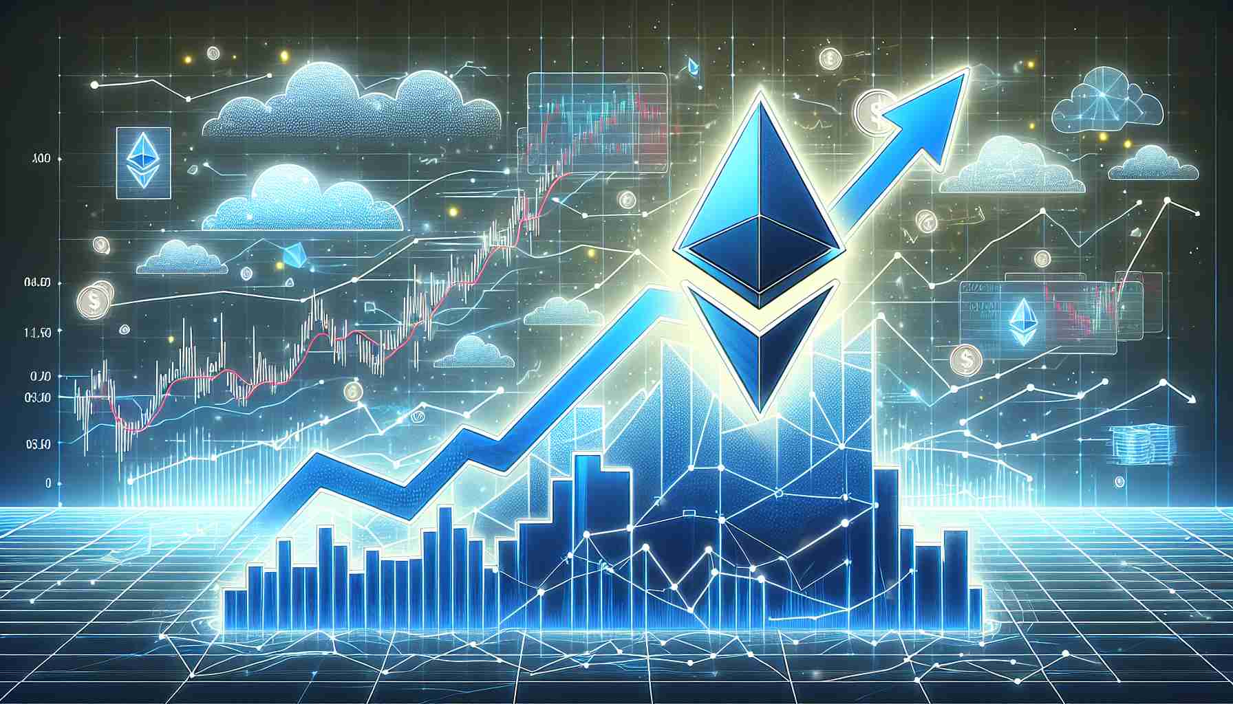 Create a detailed and high-definition visual representation of Ethereum Layer 2 networks experiencing a transactional upsurge amidst market volatility. The graphic should include symbolic elements such as increasing arrows or graphs signifying the transactional upsurge, a visualization of Ethereum Layer 2 networks, and elements denoting the volatile market situation, like fluctuating stock prices or a stormy sea.