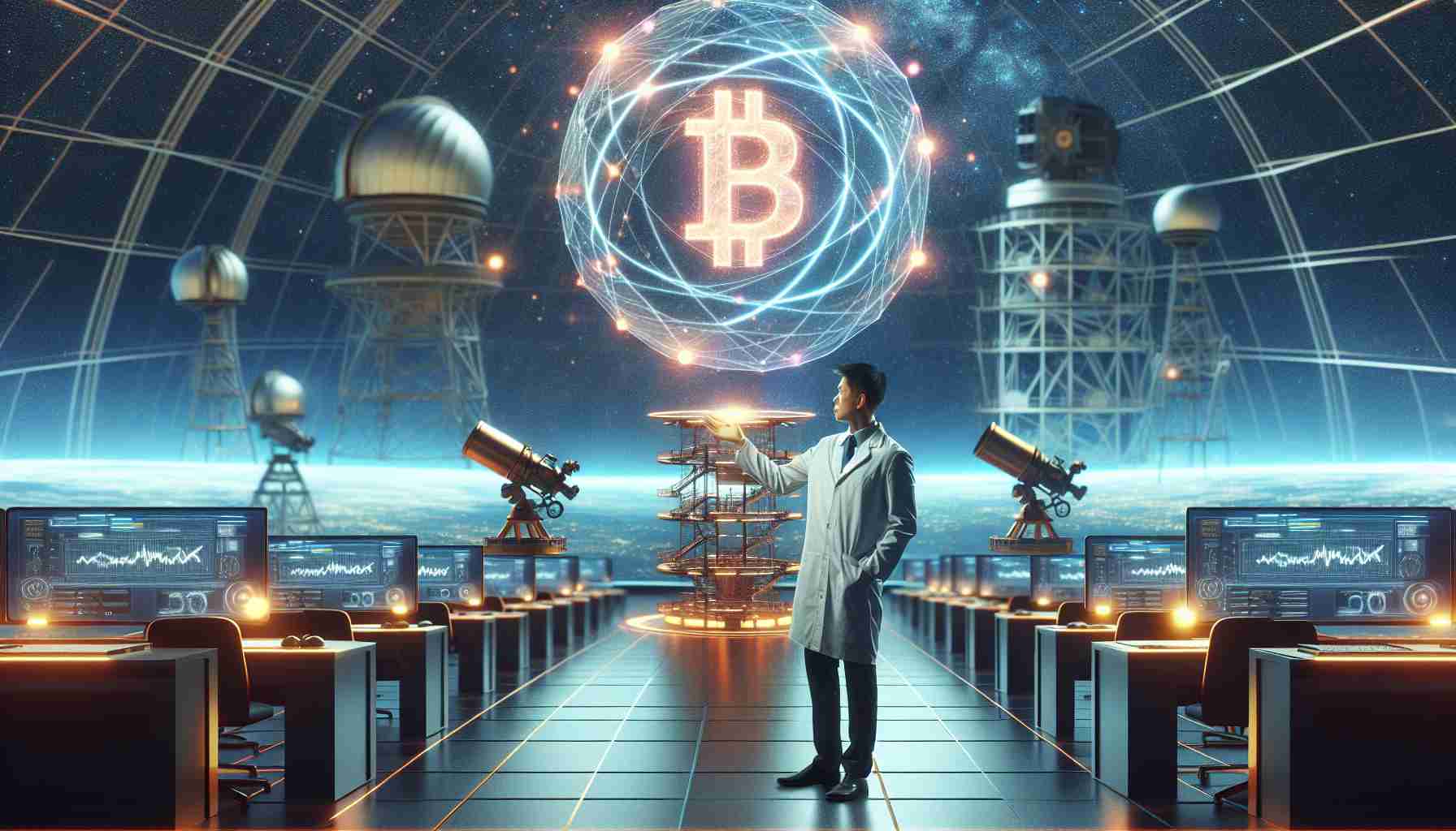 Generate an image of a Galaxy Research Chief standing in a modern, high-tech observatory filled with different types of telescopes and monitoring equipment, with screens displaying graphs and algorithms. The Chief is Asian, male, and is pointing towards a floating 3D hologram of the Mt. Gox Bitcoin logo. The psychological impact of the Mt. Gox Bitcoin payout is represented by a soothing and calming aura circling the hologram, with warming colors to debunk the fears.