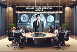 Realistic high-definition image of a blockchain company's meeting room where a new Chief Operating Officer is being welcomed. The room has a contemporary design with a large oval-shaped table at the center, and screens displaying cryptocurrency data. The proud professionals around the table are a mixture of genders and descents including Caucasian, South Asian, Hispanic, Black, Middle-Eastern. A banner with the words 'Welcome New Chief Operating Officer' is strung across the room. A placeholder figure, representative of the new COO, is depicted as an Asian man in a nicely tailored suit.