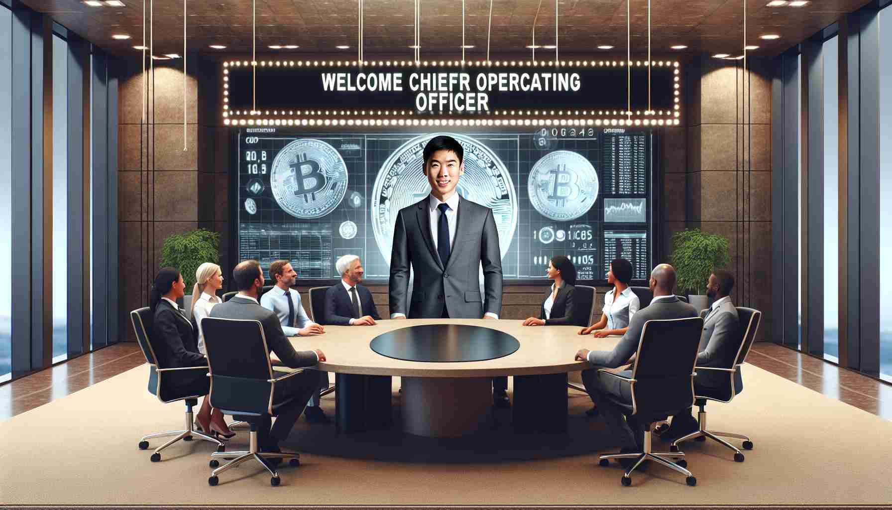 Realistic high-definition image of a blockchain company's meeting room where a new Chief Operating Officer is being welcomed. The room has a contemporary design with a large oval-shaped table at the center, and screens displaying cryptocurrency data. The proud professionals around the table are a mixture of genders and descents including Caucasian, South Asian, Hispanic, Black, Middle-Eastern. A banner with the words 'Welcome New Chief Operating Officer' is strung across the room. A placeholder figure, representative of the new COO, is depicted as an Asian man in a nicely tailored suit.