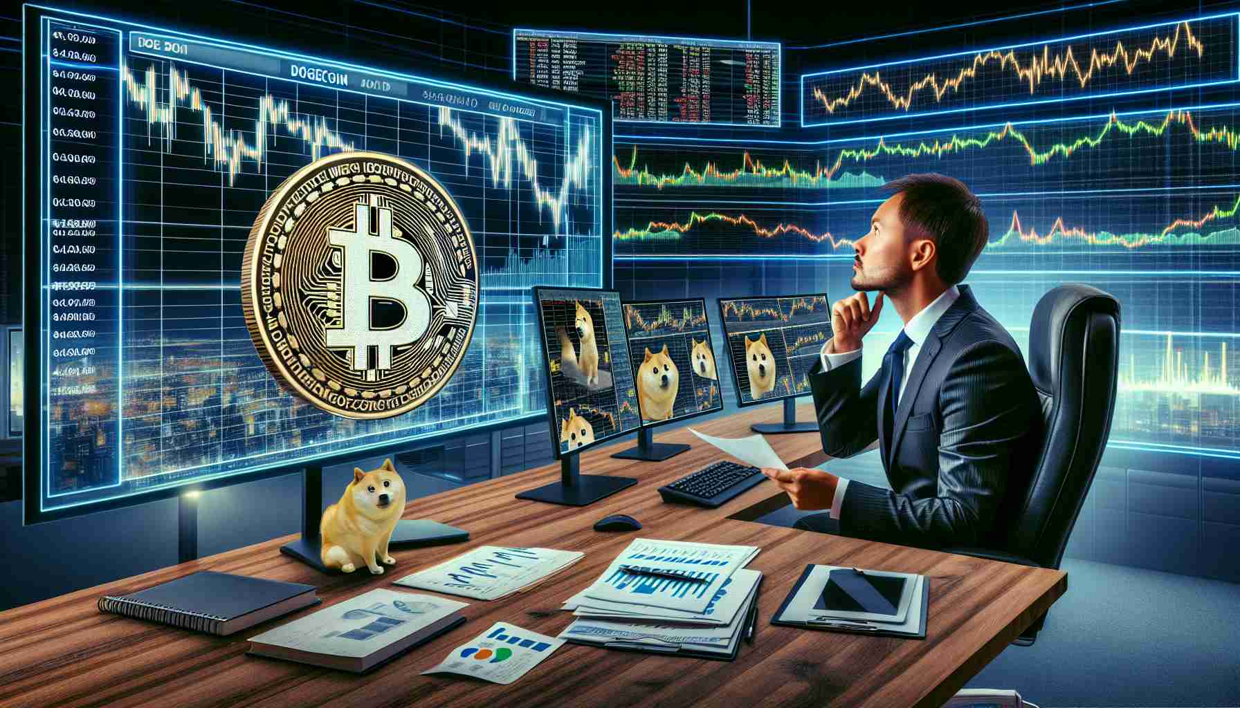 Create a realistic HD image that symbolizes 'Examining Dogecoin’s Market Stance Amidst Limited Trading Enthusiasm'. Imagine a scene where a traditional stock market analyst in a suit (of any gender and descent) is curiously studying a physical representation of the Dogecoin logo on a screen filled with uptrend and downtrend charts. The analyst could be sitting in a modern office with various other screens displaying financial news and data. Incorporate elements of uncertainty and curiosity in the atmosphere to emphasize the 'Limited Trading Enthusiasm'.