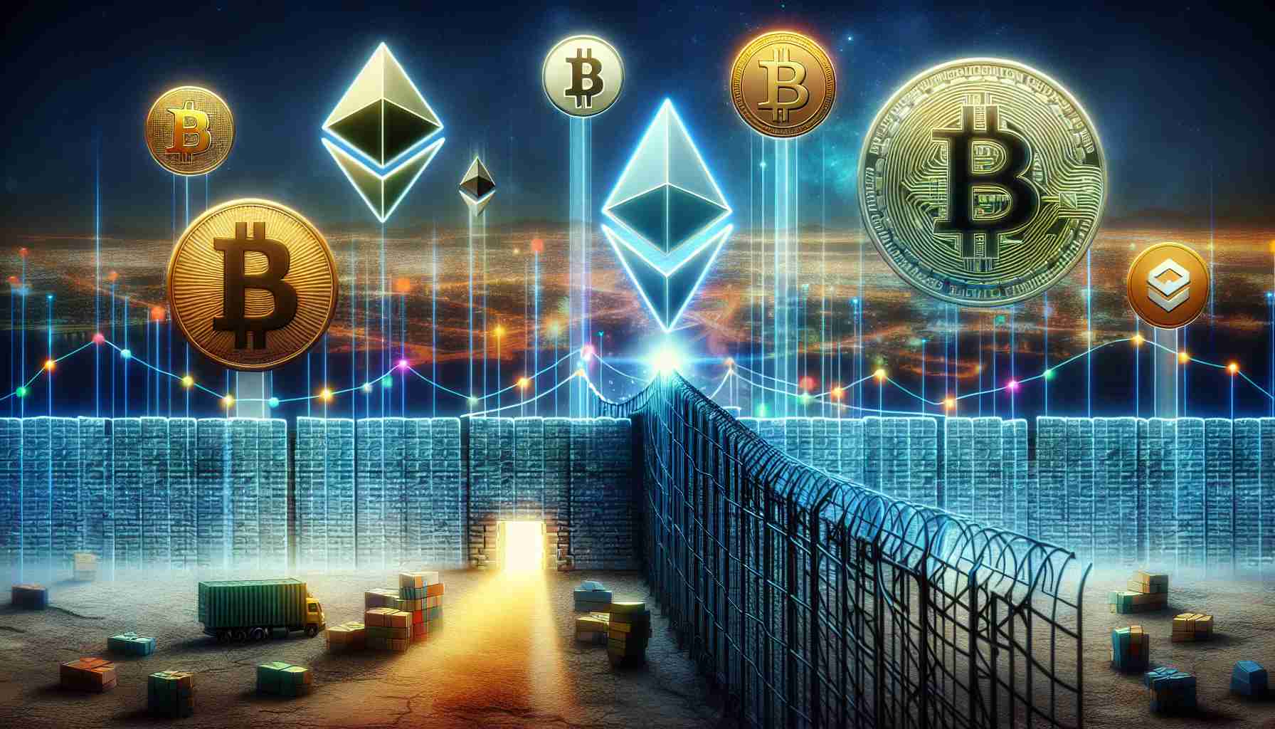 Create a highly detailed and realistic image which symbolically represents the concept of lowering barriers to cryptocurrency adoption. This might include digital icons representing various popular cryptocurrencies, such as Bitcoin, Ethereum, or Litecoin, and a visual metaphor for decreasing barriers, such as a bridge being built over a previously insurmountable divide, or a wall with doors opening. The atmosphere should be hopeful and progressive.