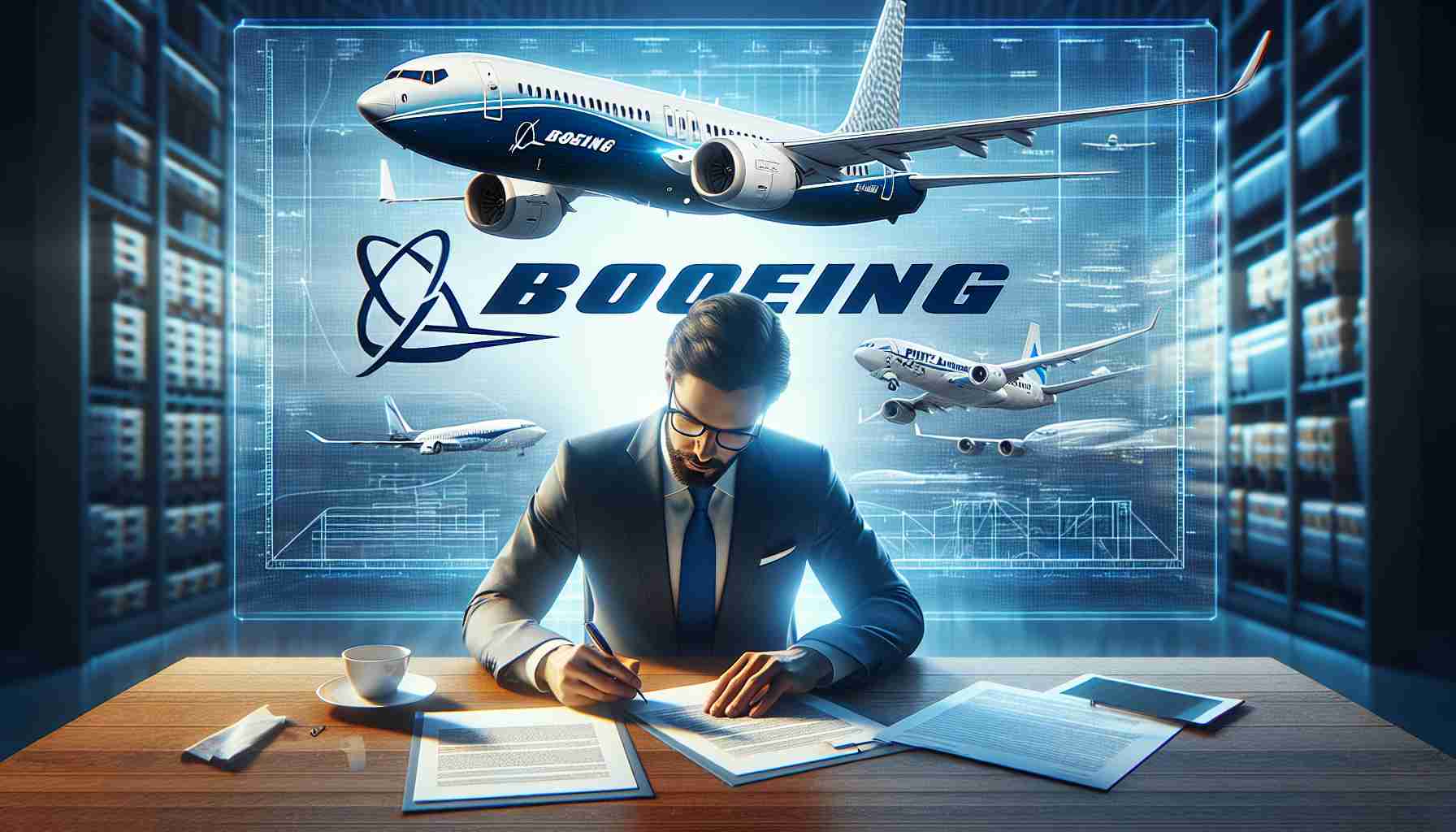 A realistic HD image illustrating the news headline 'Boeing Announces Acquisition of Spirit AeroSystems for $4.7 Billion'. Feature the logo of Boeing prominently in the forefront, with an executive signing papers on a desk against a backdrop of Spirit AeroSystems logo. Also, incorporate visuals of planes and an indication of the large amount being transacted, possibly through a text overlay or digital screen. No identifiable personal or copyrighted features should be included.