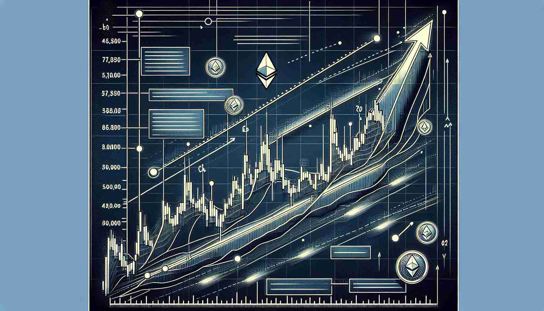 Detailed illustration of a chart depicting the trajectory of Ethereum cryptocurrency. The graph extends upwards, signifying a potential rally, with certain marked points showcasing key resistance levels that could lead to a breakthrough. Make sure the chart is represented in high definition, with annotations and labels for clarity. Also include the Ethereum logo to further emphasize the cryptocurrency's position.