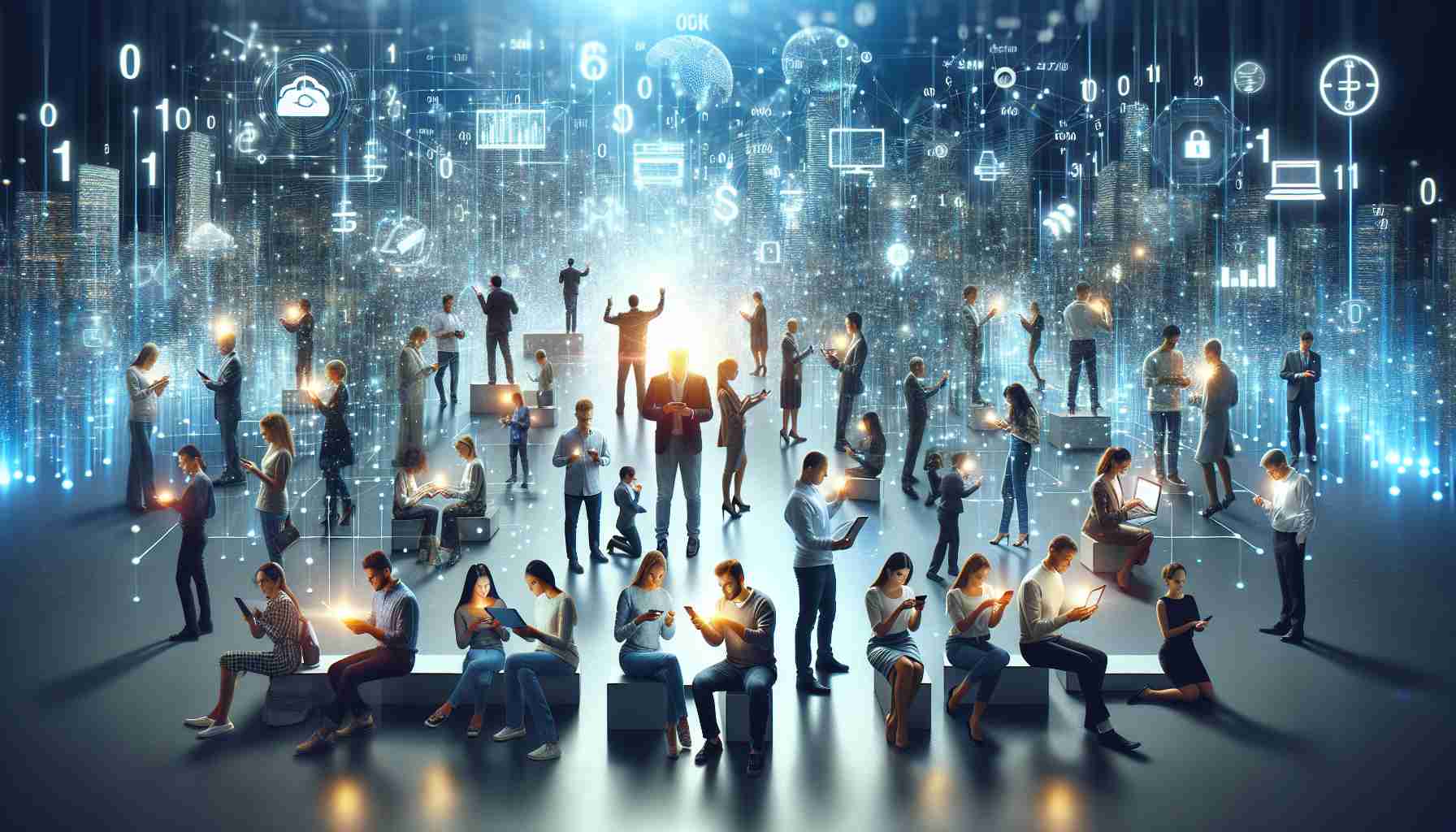 A high-resolution realistic image that symbolizes the exploration of new horizons in the world of digital transactions. The scene includes diverse individuals of different descents and genders, using different digital devices like smartphones, tablets, and laptops. They are all engaged in various forms of online transactions, like online banking, ecommerce purchasing, and cryptocurrency trading. The backdrop is a futuristic cityscape, representing the digital age. Particles of light, in the form of zeroes and ones, could be included, representing the underlying digital data.