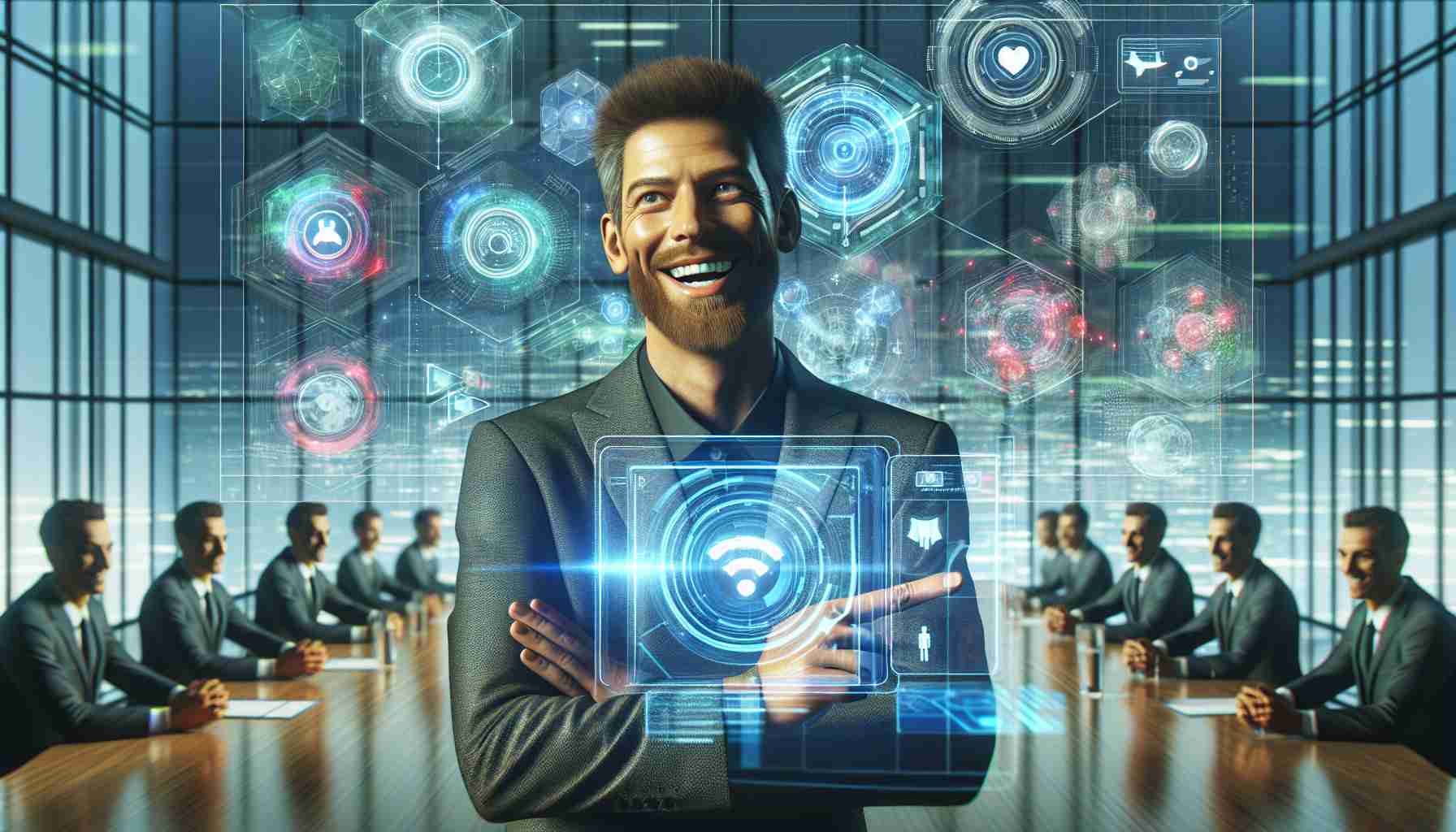 High-definition rendering of a well-known technology entrepreneur, physically ambiguous, unveiling their groundbreaking application. They are beaming with pride and optimism. Around them are screens showing the app interface in vivid colors and innovative design. The background is a contemporary, high-tech environment exuding futuristic vibes, filled with other unidentifiable figures also engaged in advanced technological tasks.