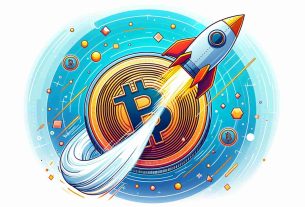 Illustration of a conceptual digital currency coin with a rocket taped to it, depicting the metaphor of propelling in a new direction. Around it, abstract visuals signifying a new partnership and the surrounding is charged with energy and dynamism. Please do not include specific logos or identifiable symbols related to the digital currency.