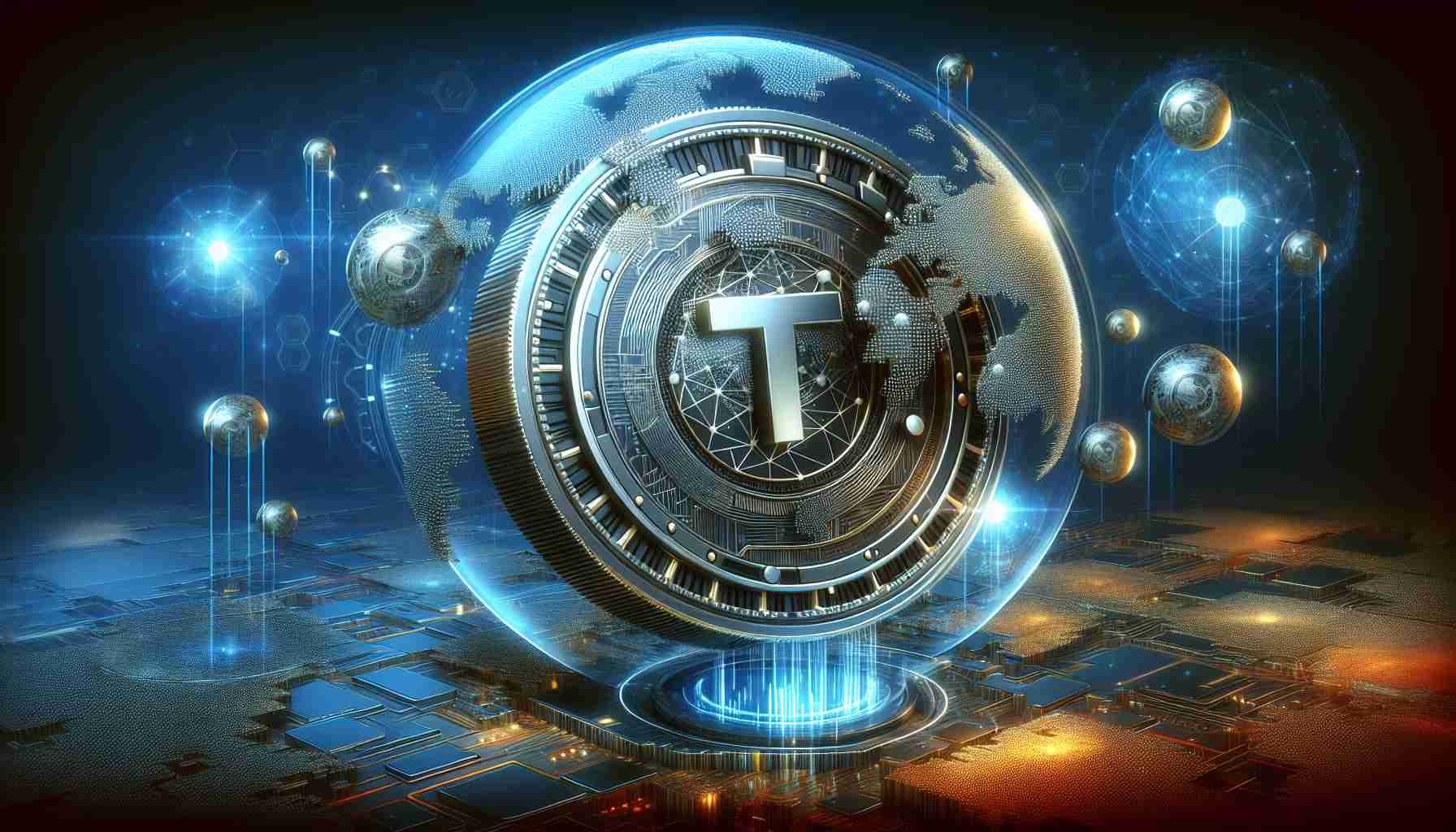 High-resolution render of a revolutionary concept in the Crypto Market known as TonX Coin (TXC). The image feature should depict cutting edge technology and the dynamic sphere of digital currencies.