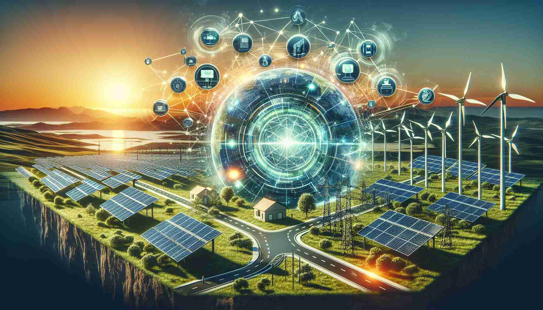 A high-definition visual representation showcasing the revolution of sustainable energy practices. This would include innovative virtual networks aiding in the transfer of energy. Imagine a scene where high tech solar panels are being efficiently managed by a virtual network. Alongside, wind turbines functioning at optimal levels, sending data to a virtual hub. The hub would be a visual abstraction of a network, demonstrating its effectiveness in managing diversified energy sources. All components are depicted with an emphasis on their sustainable and innovative qualities.