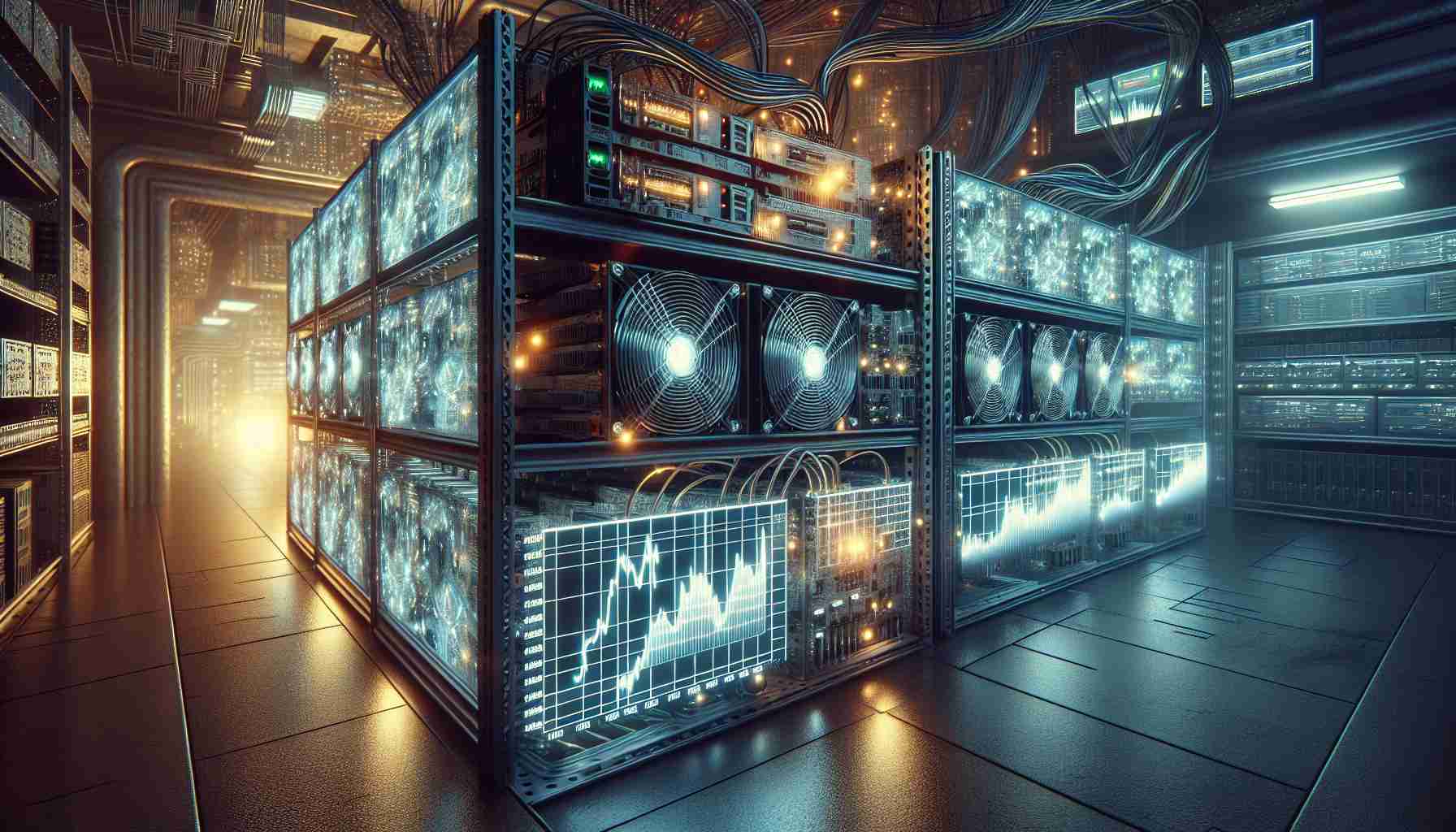 A high-definition, realistic image showcasing the concept of Bitcoin mining difficulty increasing amidst market oscillations. This can be represented by a complex array of computers and servers in a dimly lit room, with intricate circuits, humming fans, and glowing LED lights. Visible on a large screen in the foreground could be graphs and charts depicting the volatile cryptocurrency market, with a significant upward spike representing increased mining difficulty. Please include visual elements representing both the technical complexity of cryptocurrency mining and the erratic nature of the Bitcoin market.