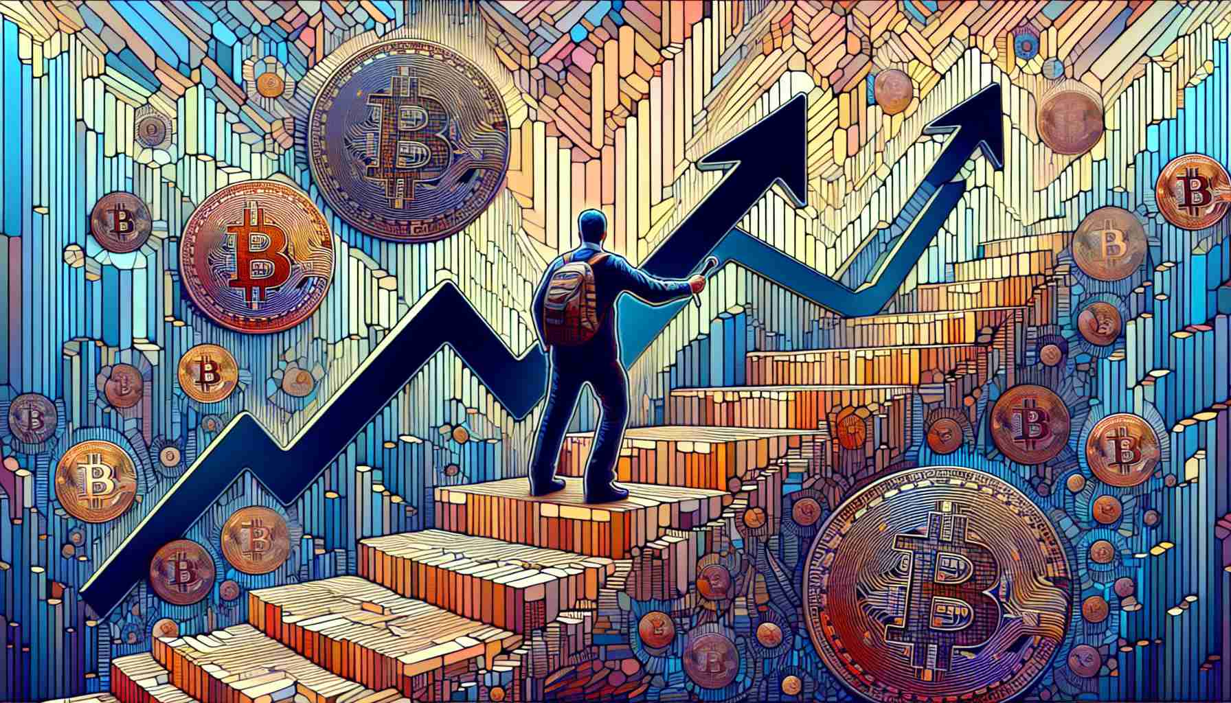 Generate a highly detailed photo representation of the abstract concept of a potential upswing for the cryptocurrency Polkadot. Reflect an ongoing struggle against resistance, illustrated through motifs such as ascending stairs, high walls, or uphill paths.