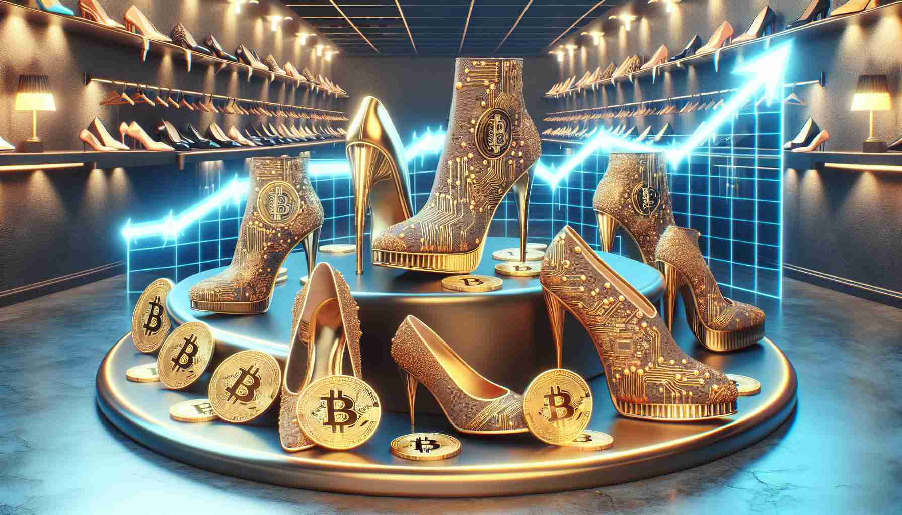 Create a high-definition, realistic illustration demonstrating the rising value of cryptocurrency, particularly Bitcoin, influencing a new trend in luxury footwear. Picture an array of opulent, extravagant shoes with designs inspired by the appearance of Bitcoins - display golden hues, circuit-like patterns, and digitally-influenced aesthetics. The scene should suggest a lavish boutique setting with shoes showcased elegantly implying the purchasing power of Bitcoin. There could be a visible graph in the background symbolizing the soaring value of Bitcoin.