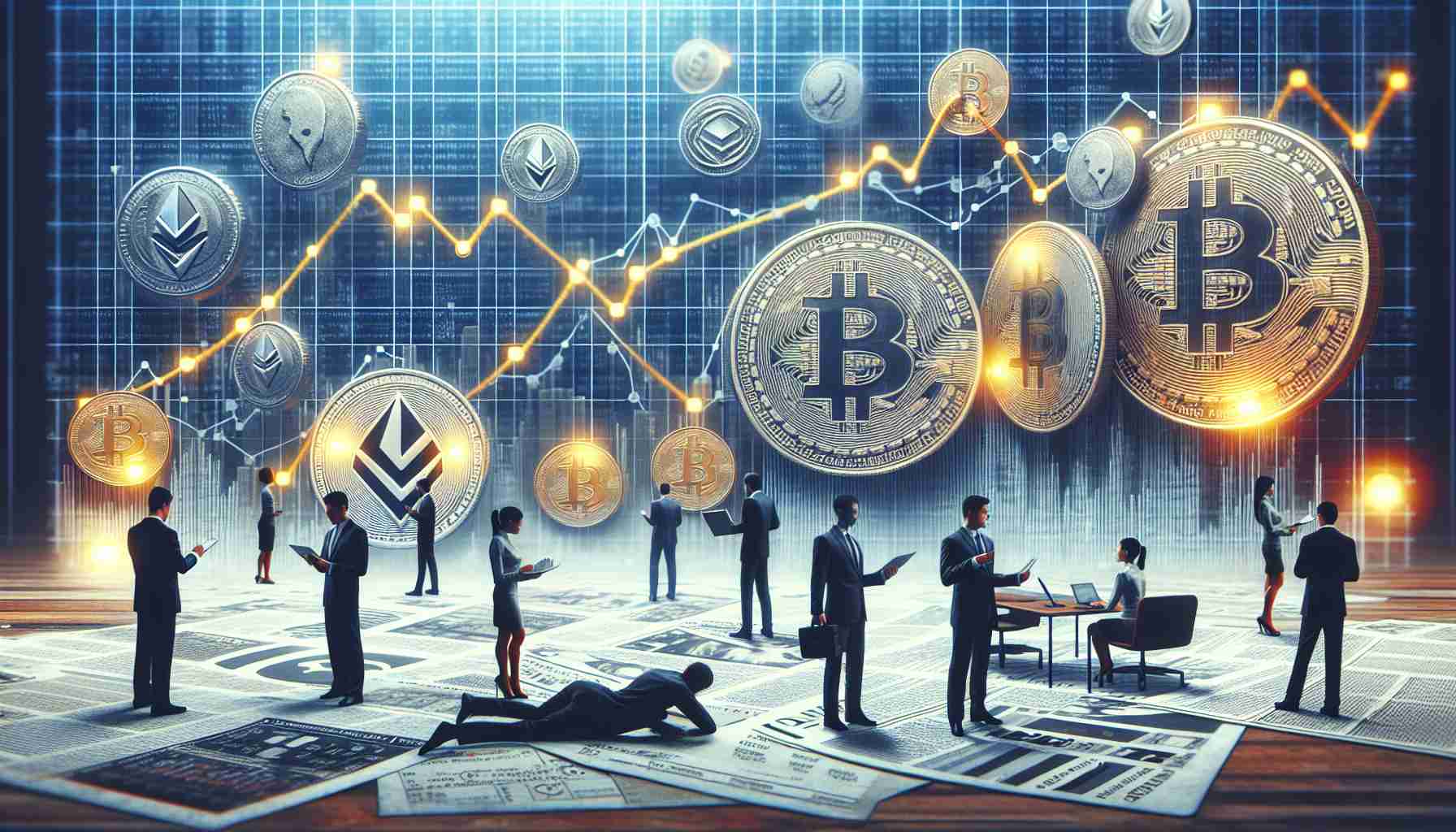 A high-definition, realistic representation that visually communicates the effect of regulatory news on cryptocurrency market sentiment. This image could contain a few recognizable elements: Given the subject matter, a creative visualization might include physical representations of popular cryptocurrencies such as Bitcoin, Litecoin, and Ethereum - coins or symbols. These symbols could be on a dynamic graph or chart, illustrating fluctuations in value scaled against a backdrop of newspaper clippings or articles about regulatory changes. The people involved in the scene - traders, analysts- can be of different descents and genders, interacting with the data in various ways, reflecting their emotional responses.