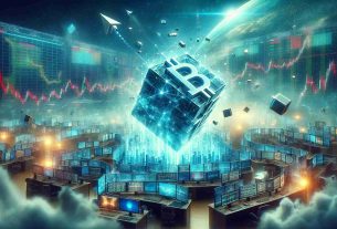 Create a hyper-realistic, high-definition image representing the concept of a new blockchain project emerging victorious amidst a turbulent financial market. Please depict a digital, visualization of a blockchain, symbolizing the new project, soaring towards the sky signifying its rise, while the background portrays a stock market with its screens and charts showcasing turmoil. Use cool shades of blues and greens for the blockchain, juxtaposed against the warm reds of the market scene. Do not represent any specific logo or brand name in the blockchain figure.