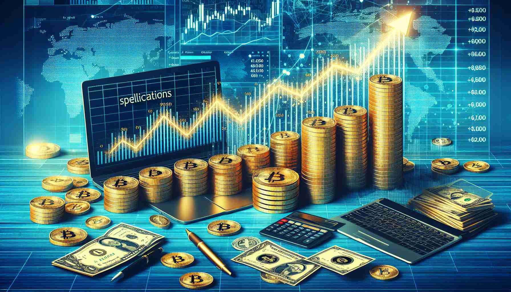 Generate an image that visually exemplifies the concept of speculations on cryptocurrency prices reaching unprecedented levels. Include elements such as a graph showing a steep incline in value, piles of gold coins symbolising wealth, and laptops or digital screens displaying cryptocurrency signs and graphs. Make the image very detailed and realistic in HD quality.