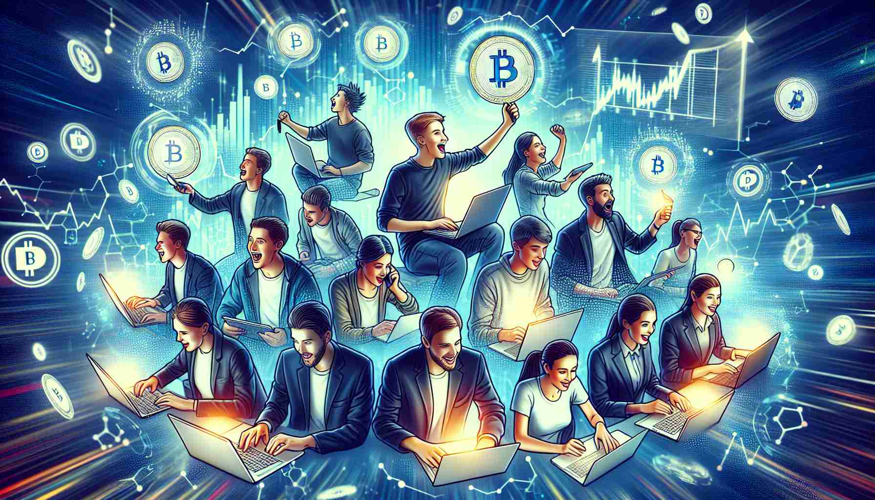 An ultra-high definition illustration capturing the enthusiasm of young Europeans towards virtual assets or cryptocurrencies despite market volatility. The image should contain individuals of different genders, with different expressions of excitement and concentration, possibly working on laptops or tablets, and surrounded by floating digital symbols or graphs representing the turbulent virtual asset market.