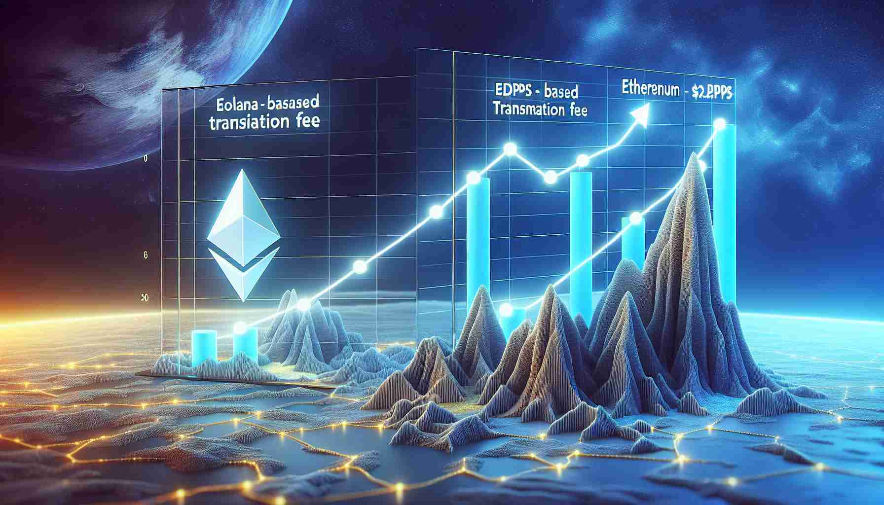 Realistic high-definition image of a graph comparing the transaction fees of two popular blockchain platforms, namely 'Solana-based Dapps' and 'Ethereum-based Dapps'. The graph should show 'Solana' having a lesser transaction fee than 'Ethereum', indicating its expanded utility.