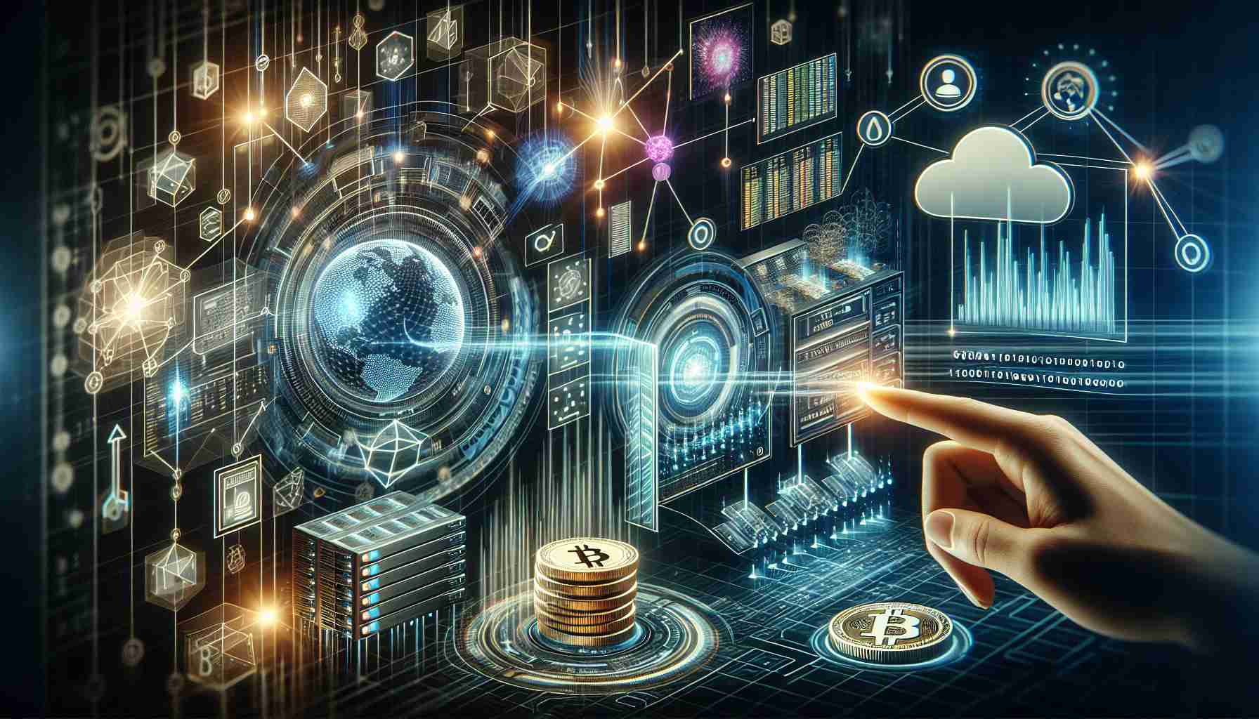 Create a high-definition, realistic image that portrays the concept of digital assets and their potential future. The image should include various elements associated with digital technology and asset management, such as data servers, cloud systems, binary codes, futuristic graphical user interfaces, holographic displays, and digital coins. It should also suggest advancement and progression, visualized through imagery such as light beams travelling through fiber optic cables, a network of interconnected nodes showcasing the global scale of digital transactions, or a forward arrow on a graph indicating growth.