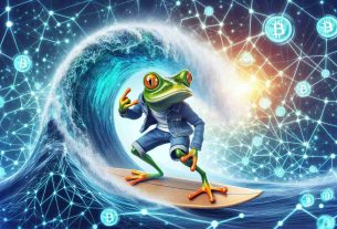 A detailed and real-looking image of a frog character. The frog is sporting a cool, adventurous look as he surprisingly rides a massive wave. Superimpose this scene on the backdrop of complex networks that glistens beautifully like a form of digital currency. This is a representation of the active and vibrant atmosphere of a high-activity digital currency network.