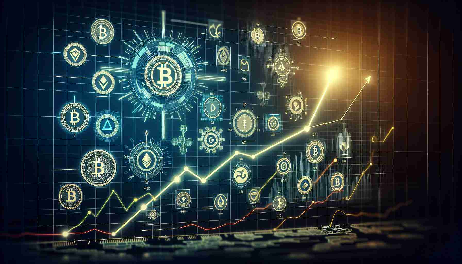 A detailed image showing the predictions for the upcoming Altcoin season in a chart format. The diagram should depict an upward trend, indicating a positive recovery progress. Place emphasis on a variety of different altcoins distinguished by unique symbols or logos. Also, include various indicators and markers to represent key milestones or developments. The quality of the image should be high-definition (HD), and the overall presentation should simulate a realistic market analysis environment.