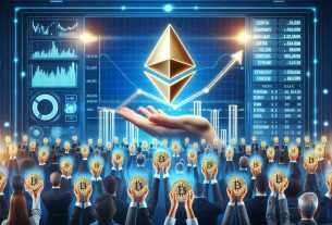 Create a high quality, realistic image representing the concept of Ethereum's holders in expansion mode. The scene should include symbols of growth, like a bar chart with an upward trend, or hands holding Ethereum coins, multiplying in number. In the background, showcase a cryptocurrency trading platform with numbers and charts on a bright, futuristic digital screen. Add diverse group of people of different descents like Caucasian, Hispanic, South Asian and Middle-Eastern, all looking at the screen optimistically, symbolizing the increasing number of Ethereum holders.