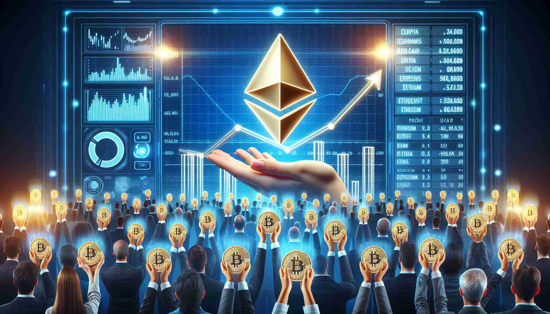 Create a high quality, realistic image representing the concept of Ethereum's holders in expansion mode. The scene should include symbols of growth, like a bar chart with an upward trend, or hands holding Ethereum coins, multiplying in number. In the background, showcase a cryptocurrency trading platform with numbers and charts on a bright, futuristic digital screen. Add diverse group of people of different descents like Caucasian, Hispanic, South Asian and Middle-Eastern, all looking at the screen optimistically, symbolizing the increasing number of Ethereum holders.