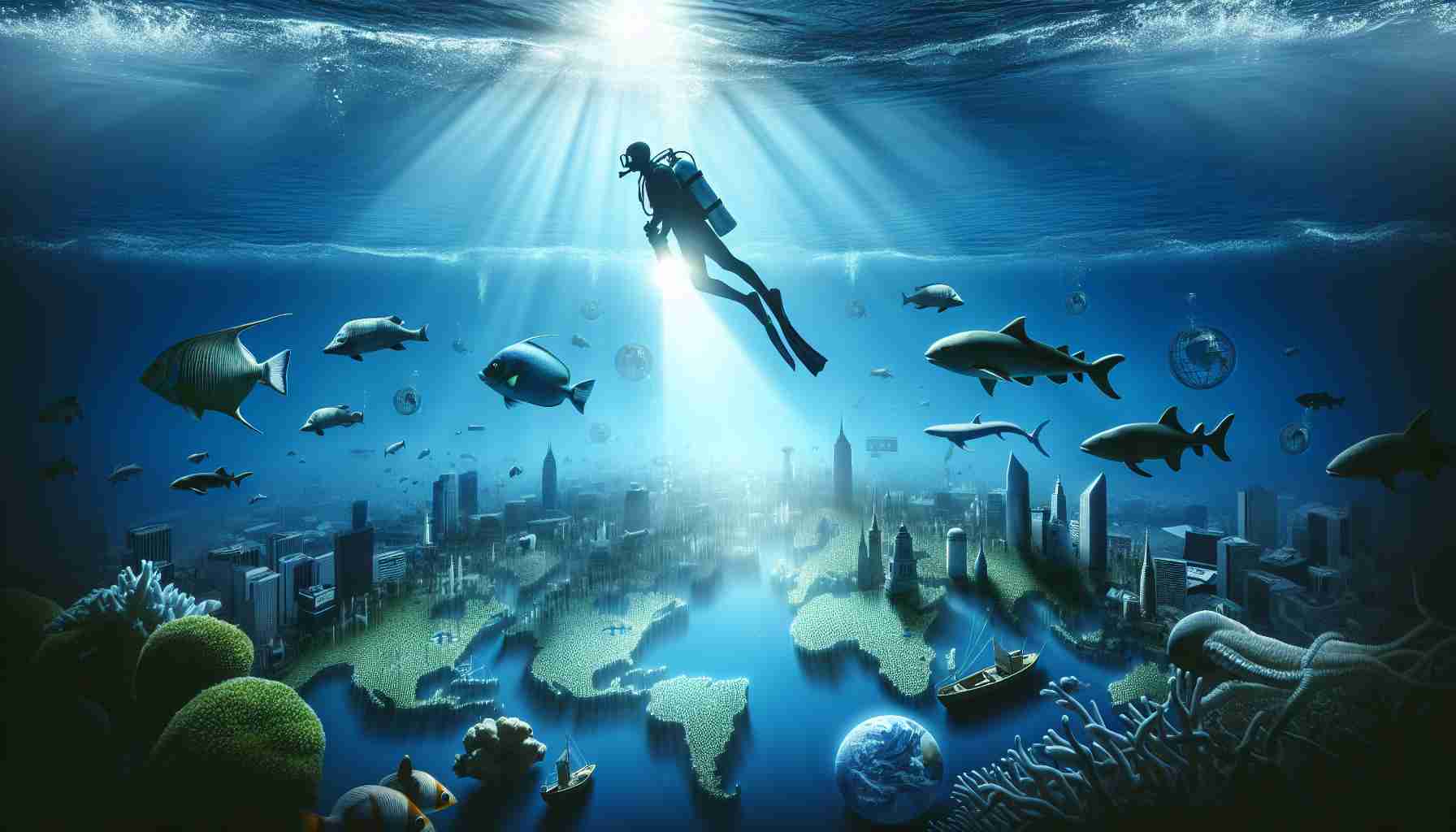 A realistic and high definition image featuring symbolic representations of a deep dive into market strategies for global success. The scene could depict an ocean with different sea creatures representing various market strategies and continents or landmarks at the ocean floor signifying different global markets. The water clarity and depth could metaphorically represent the business environment. A diver, representing an entrepreneur or business, immerses into these depths, equipped with a flashlight to illuminate the path ahead in the vast ocean of opportunities.