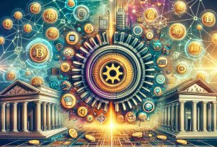 Generate an image symbolizing the concept of revolutionizing investment opportunities through decentralized finance. This could feature a graphic or surreal depiction of traditional banking being supplanted by digital icons representing blockchain, smart contracts, and other key components of decentralized finance (DeFi). High-definition and a fair degree of realism is desired. Details could include a symbolic representation of a revolution, such as a wheel or gear in motion, in conjunction with finance symbols such as coins, banking buildings, and complex networks demonstrating decentralization.