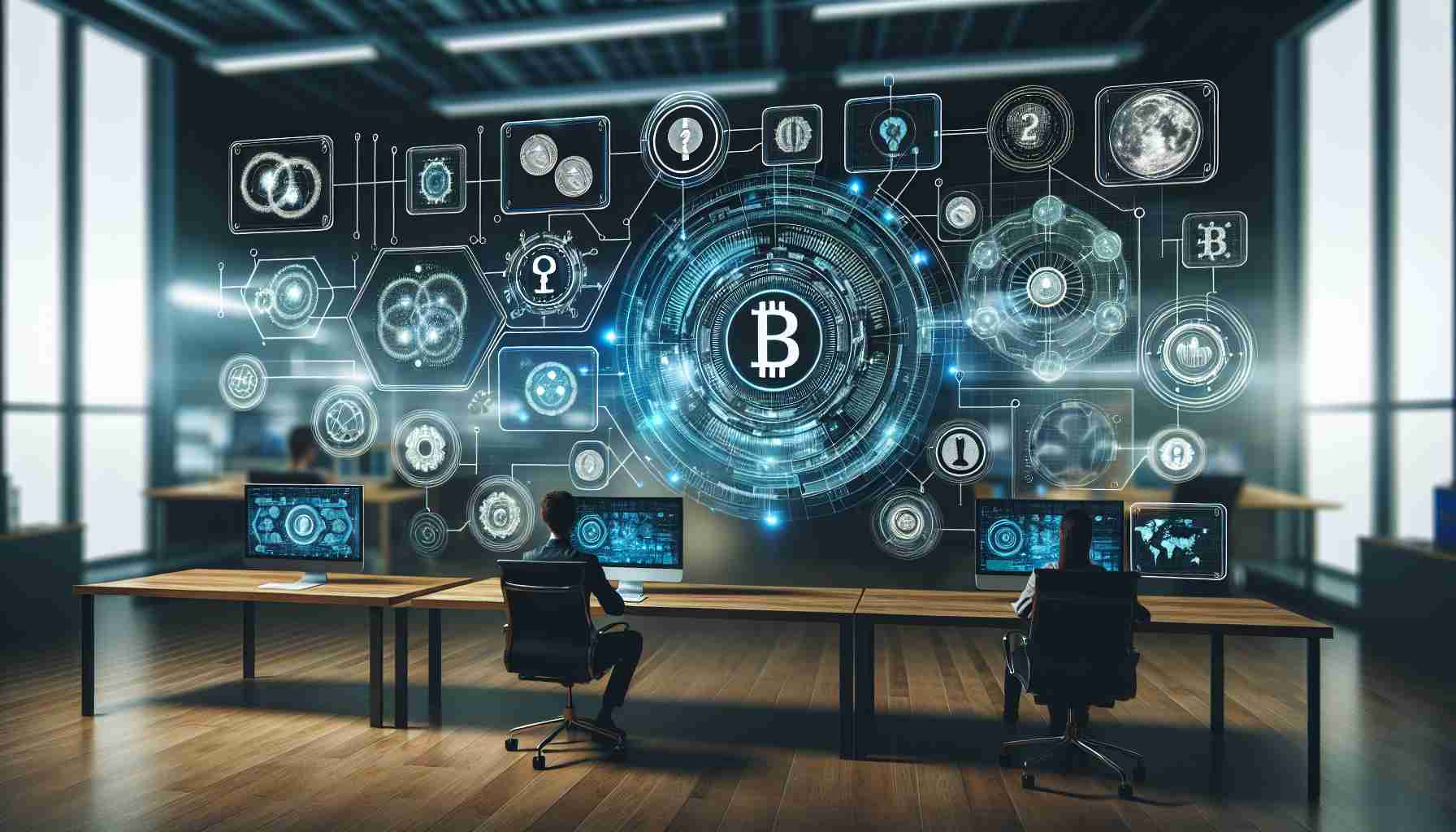 Visual display of the groundbreaking technologies introduced by a fictitious online news platform dealing with digital currencies, shown in a high-resolution image. Depict an array of digital icons symbolizing technological innovations, electronic currency, and internet connectivity, displayed on a futuristic digital interface in a modern workspace environment.