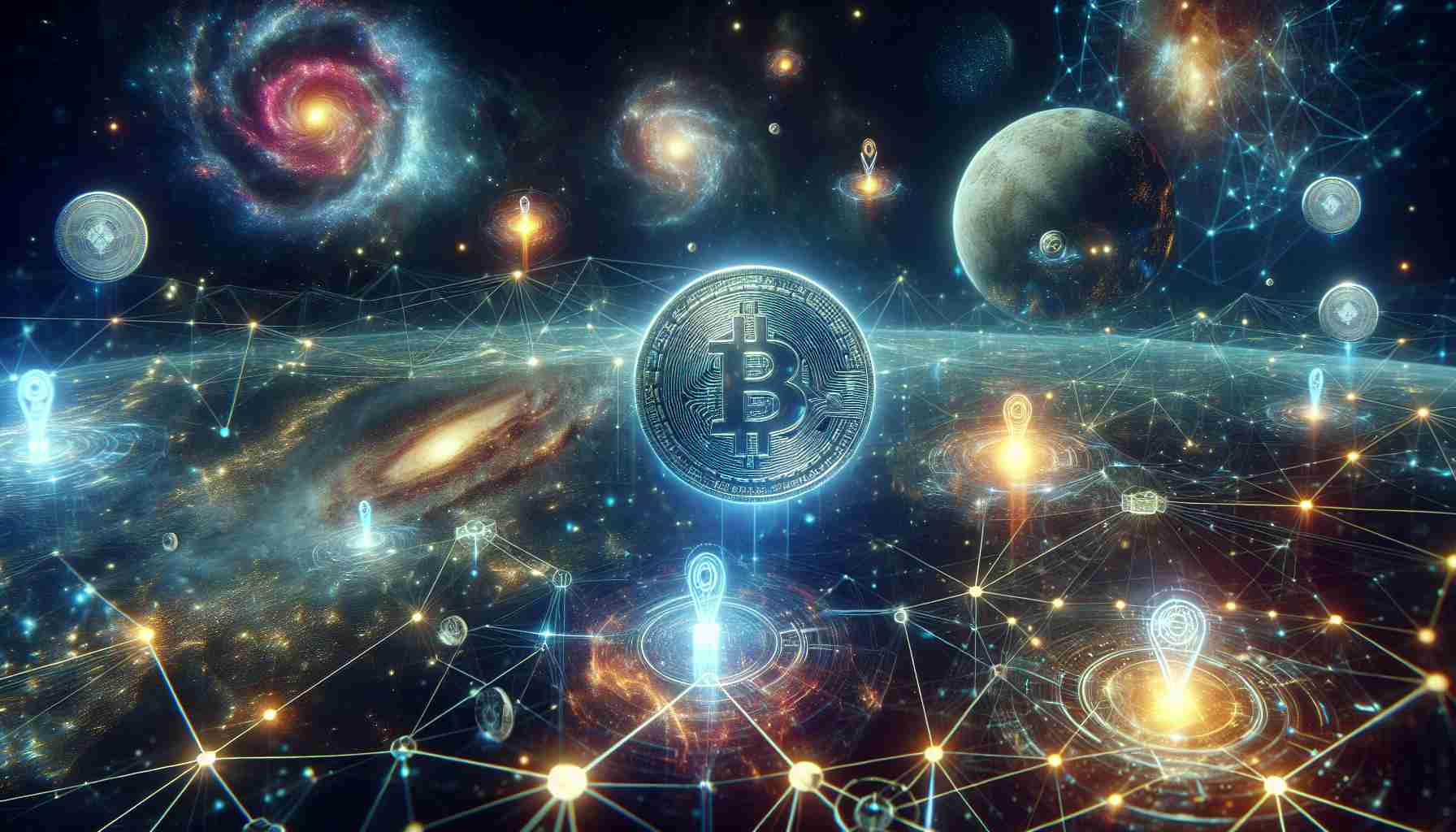 A high-definition, realistic image portraying the concept of 'The Rise of Galactic Tokens' within the context of the Digital Asset Realm. Visualize a futuristic universe with a myriad of planets and galaxies. Use a digital aesthetic to capture the supremacy of these 'Galactic Tokens'. Picture them as luminous, ethereal coins floating in cyberspace amongst connectivity lines and data nodes. Let this image resonate the progression of cryptocurrency and digital assets in a galactic backdrop.