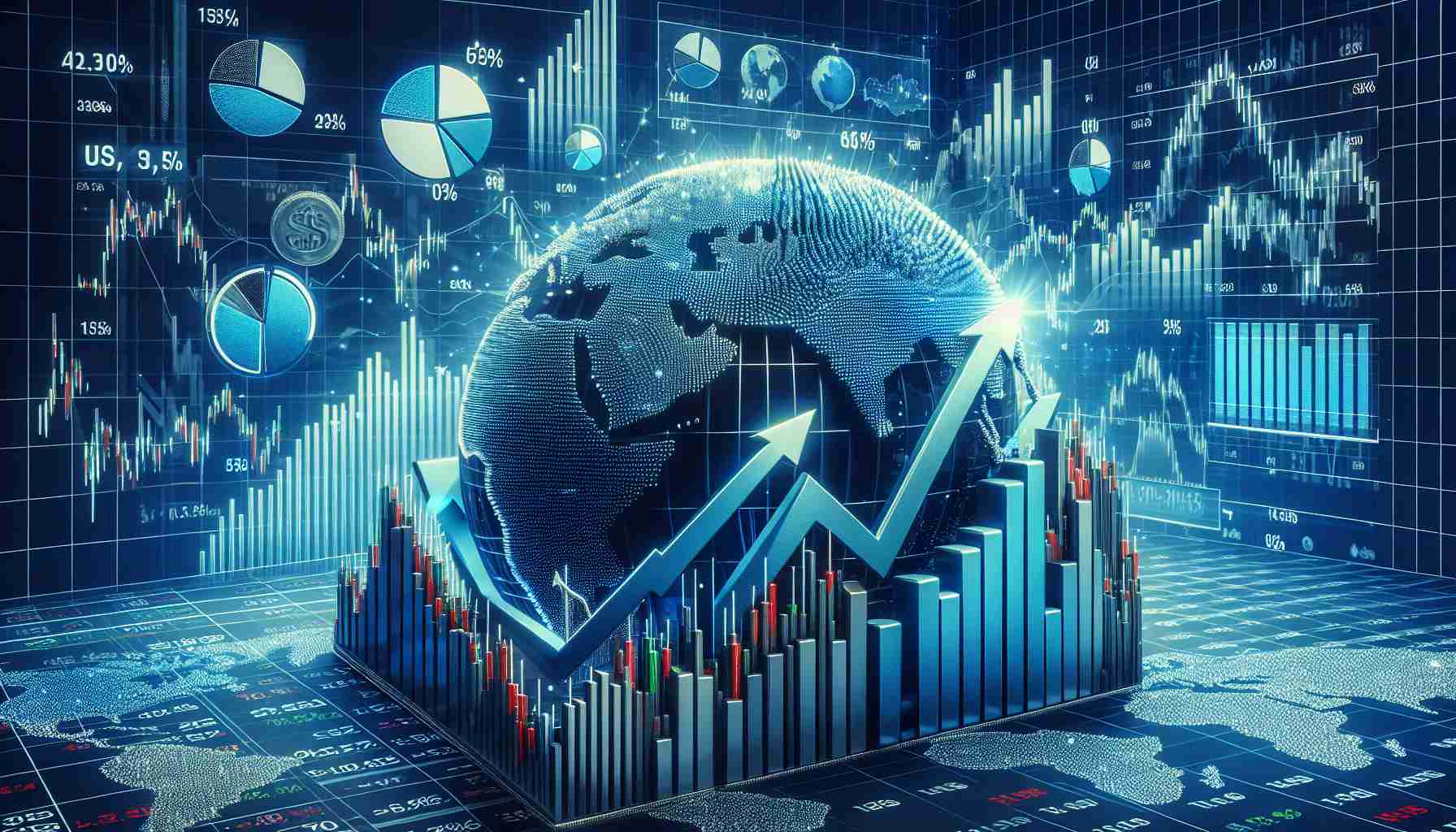 High-definition image of a conceptual representation of a US Federal Reserve rate cut affecting global markets positively. Depict a stock exchange board showing rising stock prices, pie charts, upward arrows, and bar graphs. Focus the image on the symbols that represent global financial markets in a state of success and growth.