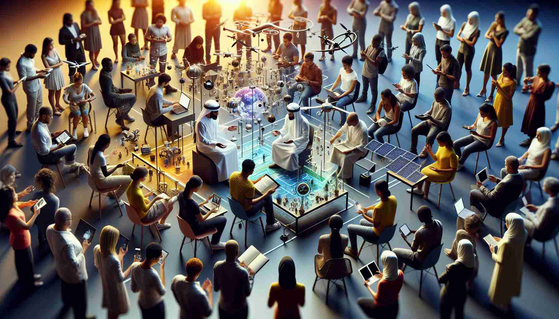 A visually striking, high-definition image showcasing the concept of empowered communities through innovative technology. It depicts a diverse gathering of people from different descents such as Hispanic, Middle-Eastern, and Black, intently studying and interacting with various high-tech devices and equipment. The scene could include innovative technologies such as virtual reality, drones, solar panels, and high-speed internet devices. This technology is visible in the hands of every person, symbolizing that technology is accessible to all, regardless of their background. To reinforce the sense of community, the people are shown collaborating in a communal space perhaps a well-equipped community center or park.