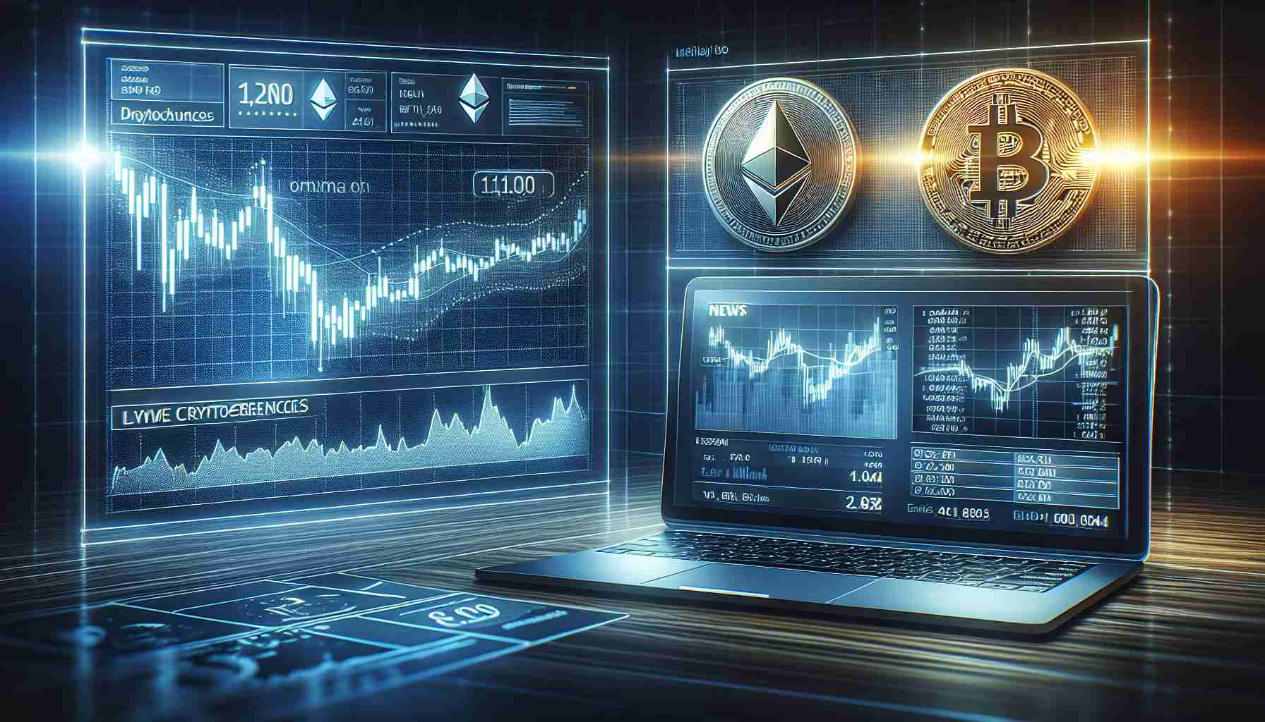 Create a detailed, realistic high-definition image of a financial market recap, showcasing two major cryptocurrencies, namely Bitcoin and Ethereum. This scene should clearly represent cryptocurrency trends and movements, with graphical charts depicting their respective values, rise and fall over time. Additionally, display news headlines relevant to the cryptocurrencies, indicating recent events impacting their market performance. Include digital symbols of both Bitcoin and Ethereum, and possibly a sleek modern laptop displaying the live trading platform. The overall aesthetic should communicate the high-tech nature of the cryptocurrency trading world.