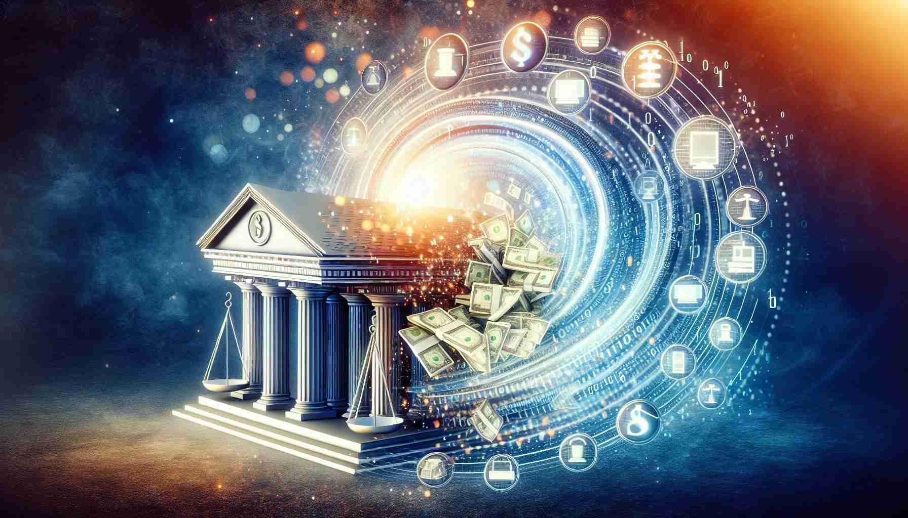 Depict a symbolic representation of revolutionizing the financial world. This can include elements such as symbols of traditional banking structures like a physical bank building, scales representing the balance of financial power, and old-timey cash. The representation of revolution could include innovative technology like computers, servers, or even binary code swirling around this structure to show the shift towards digital banking. The overall image should represent transition from the old ways towards a new, digital era, perhaps via dappled light effects to signify the dawn of a new age in finance. Render this image in a high-definition, realistic style.